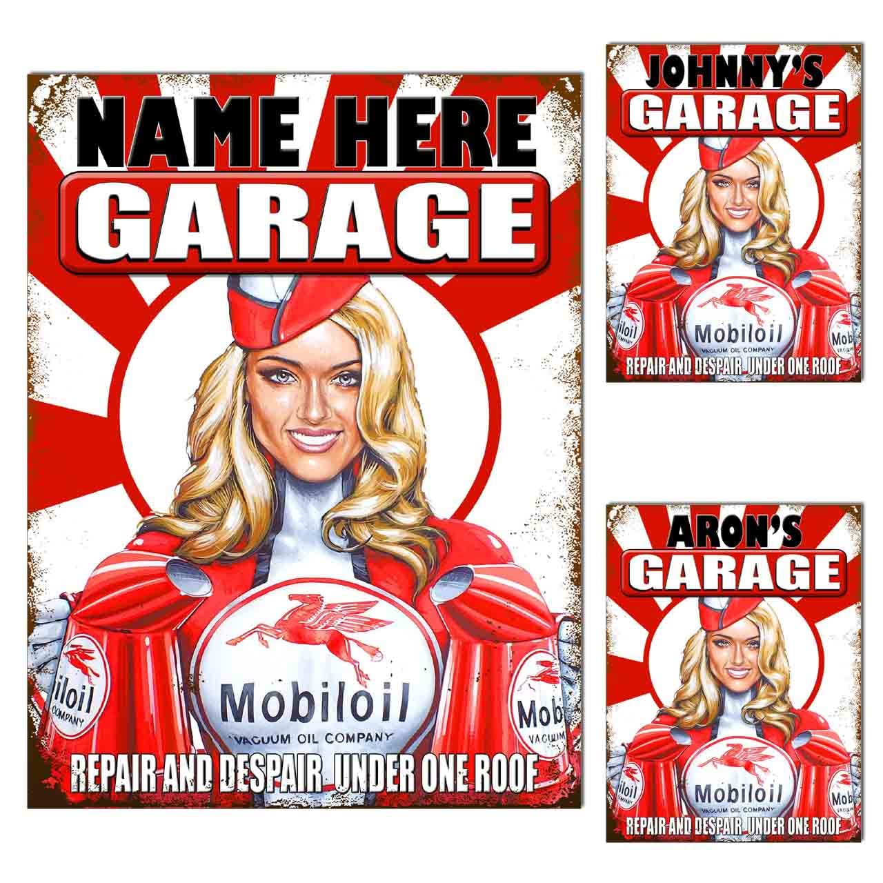 Personalised Garage Metal Tin Sign Plaque Poster Print Gift Dad Mum Man Cave Shed Home Bar Tiki Bar Fathers Day S1 (8x6 inches (Approx) 20cmx15cm, Mobil Oil Girl)