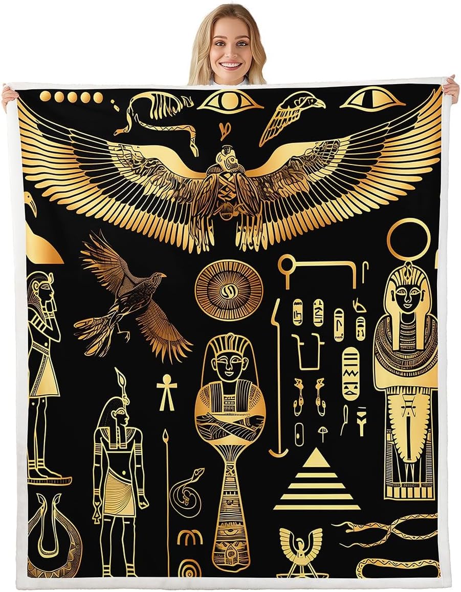 Feelyou Ancient Egypt Blanket for Kids Adults Egyptian Tribe Fleece Sherpa Blanket Pyramid Printed Egypt Culture Throw Twin 60x80 Inches Black Golden