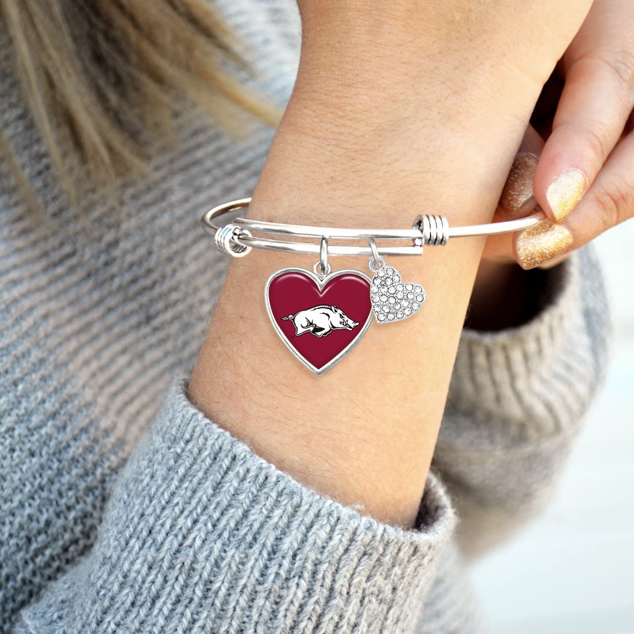 Arkansas Razorbacks Amara Crystal Heart Silver Bangle Adjustable Bracelet Jewelry Gift UA