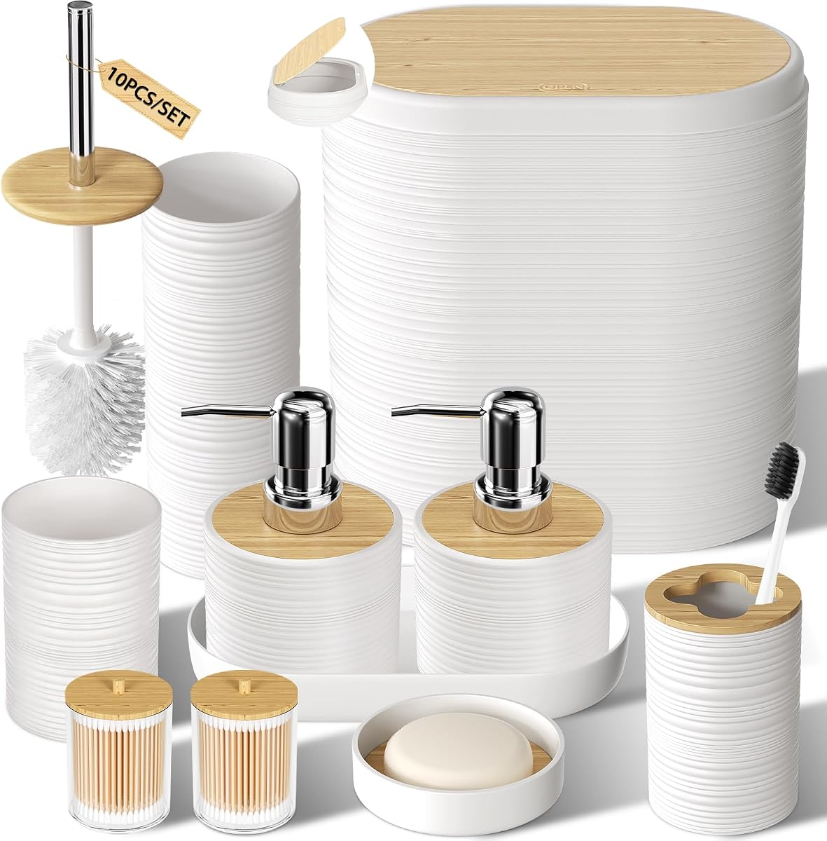 White Bathroom Set - 10PC Bathroom Accessories Set, Luxury Bathroom Accessory Set with Trash Can,Toilet Brush & 2 PC Soap Dispensers for Apartment Decor and Housewarming