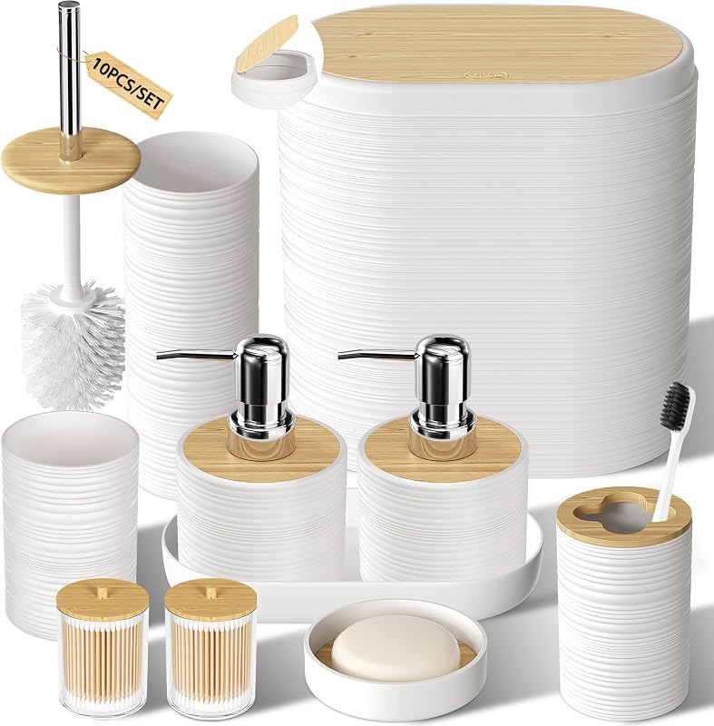 White Bathroom Set - 10PC Bathroom Accessories Set, Luxury Bathroom Accessory Set with Trash Can,Toilet Brush & 2 PC Soap Dispensers for Apartment Decor and Housewarming