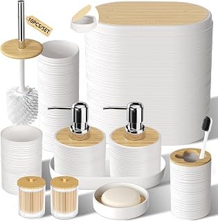 White Bathroom Set - 10PC Bathroom Accessories Set, Luxury Bathroom Accessory Set with Trash Can,Toilet Brush & 2 PC Soap Dispensers for Apartment Decor and Housewarming
