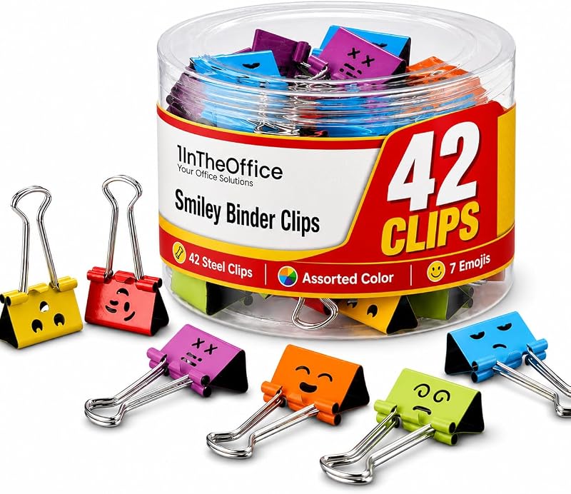 Medium Binder Clips, Cute Colored Clips, Smiley Face Binder Clips with Storage Tub, 5/8" Capacity, Assorted Colors, 42 Pack