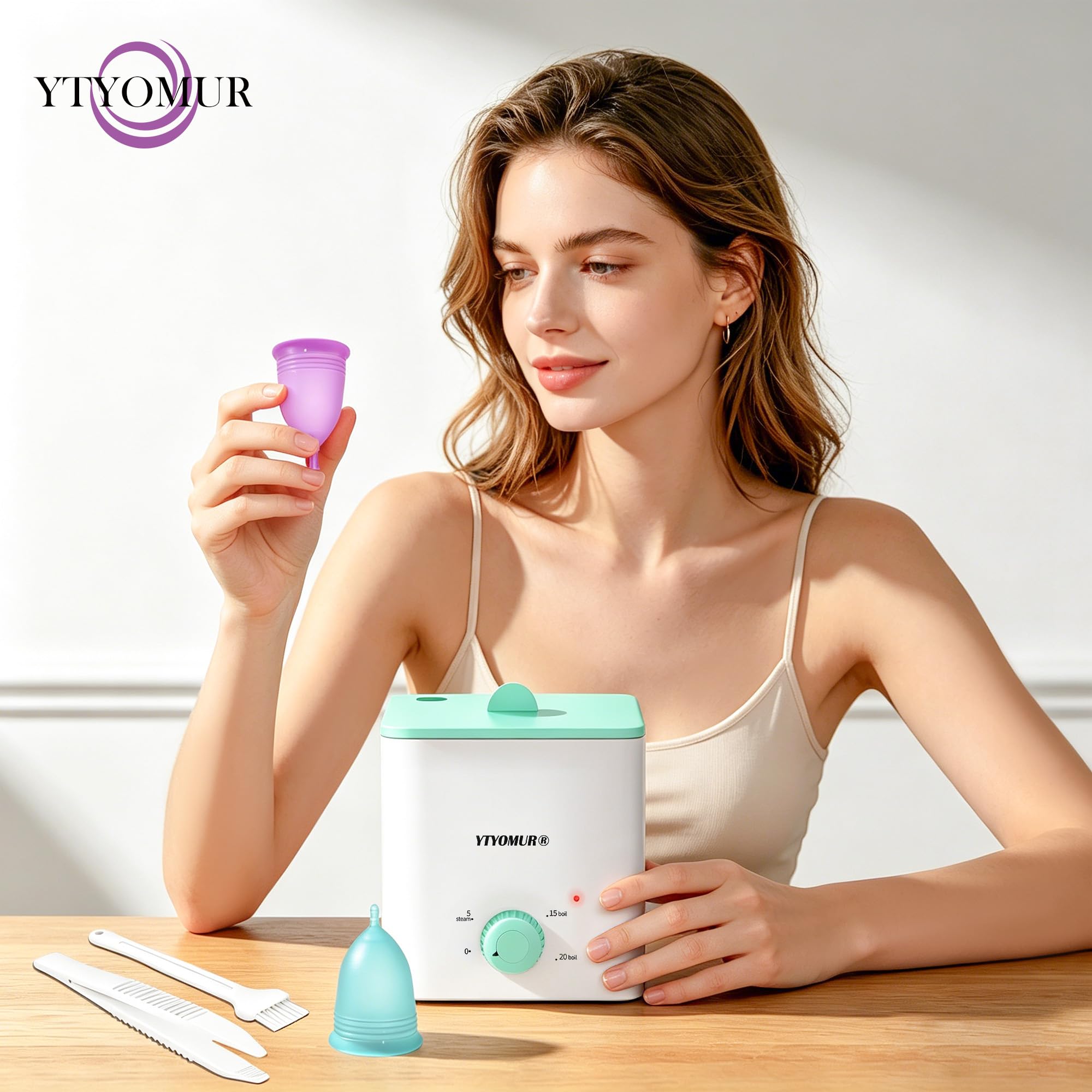 Esterilizador de copas menstruales con 2 copas menstruales reutilizables, kit de limpieza y lavado de copas menstruales, esterilización a vapor a alta temperatura con apagado automático para mujeres