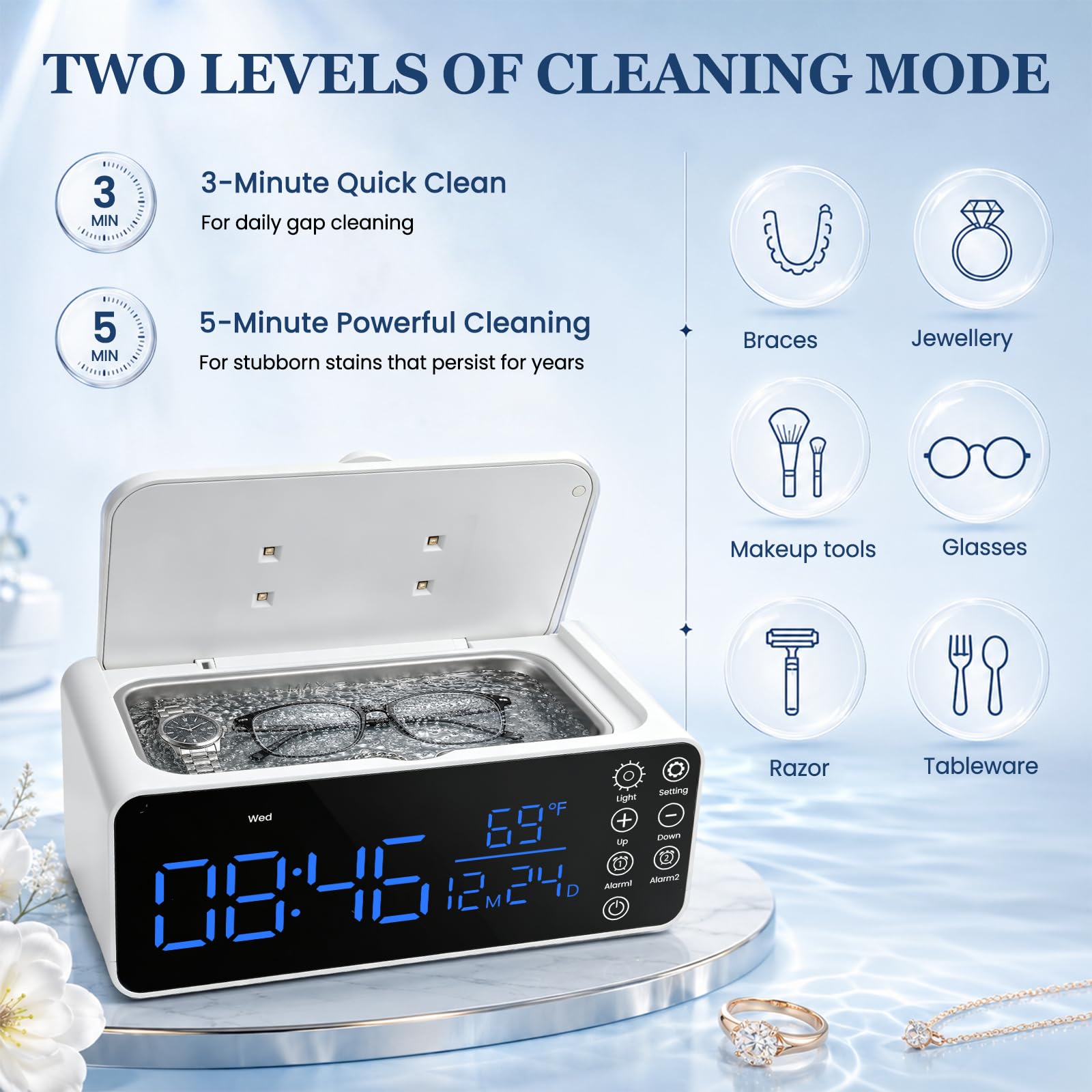 Dispositivo di pulizia a ultrasuoni, 48 kHz, 500 ml, dispositivo a ultrasuoni con sveglia, pulitore a ultrasuoni con display LCD, per apparecchi dentali, occhiali, anelli, orologi, incluso panno per