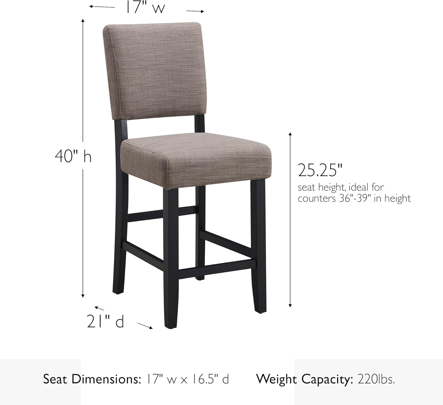 Leick Home Brax Barstool Chairs, Solid Wood Base, 25-in. Seat Height, Gray Woven Upholstered Fabric, Easy-Assembly, Black & Gray, Set of 2, 21.0 in. L x 17.0 in. W x 40.0 in. H, 10086-BLKGL