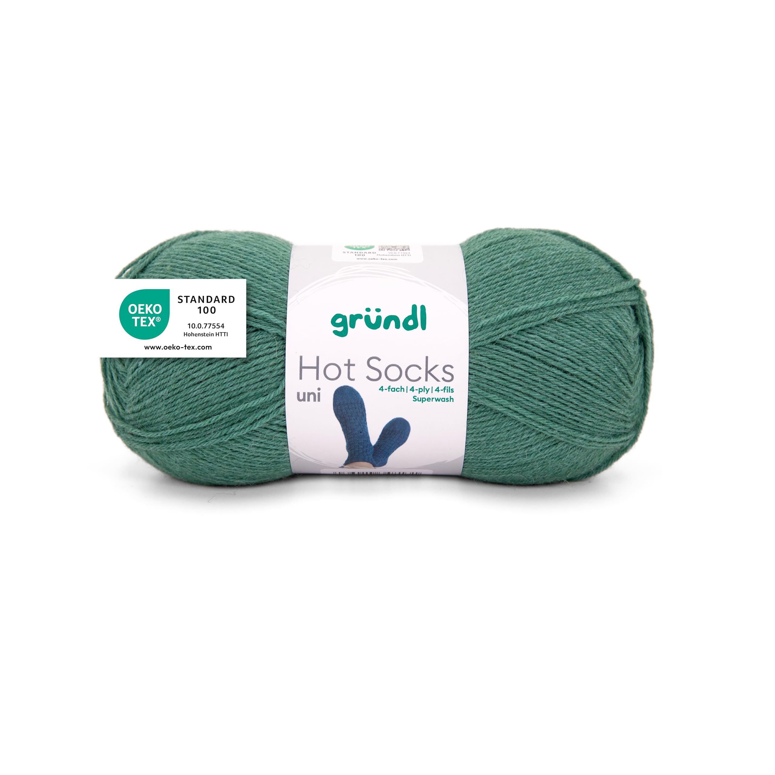 Gründl Wolle Hot Socks uni 100 4-fach - Sockenwolle für 1 Paar Socken - Sockengarn - Weich und hautfreundlich - 75% Schurwolle, 25% Polyamid - 1 Knäuel 100 g / 420 m - Nadelstärke 2,5-3 - tannengrün