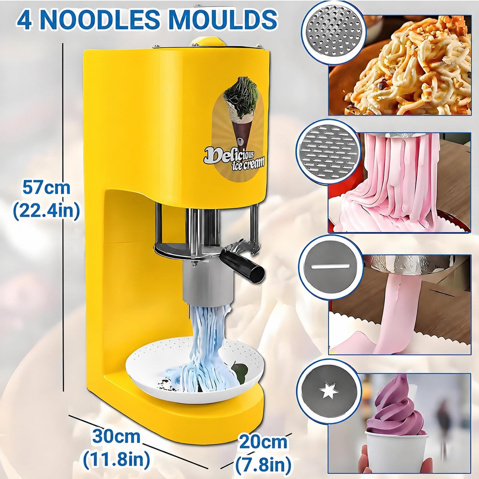 Machine à Glace Spaghetti, 80W Machine à Glace Italienne Professionnelle avec 4 Moules en Acier Inoxydable Machine Électrique à Glace Nouilles, pour Usage Commercial Restaurants et Desserts