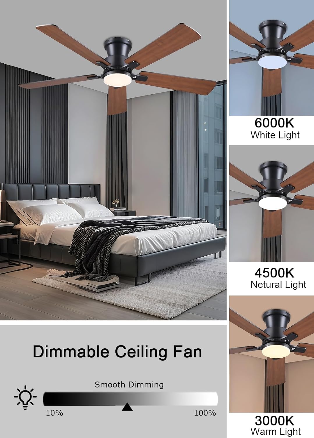 52Inch Ceiling Fan with Lights and Remotes, Modern Smart Flush Mount Ceiling Fans,DC Reversible Motor, 3CCT Dimmable,Noiseless,Dual Finish, Brown 6 Speeds Ceiling Fan for Indoor/Outdoor