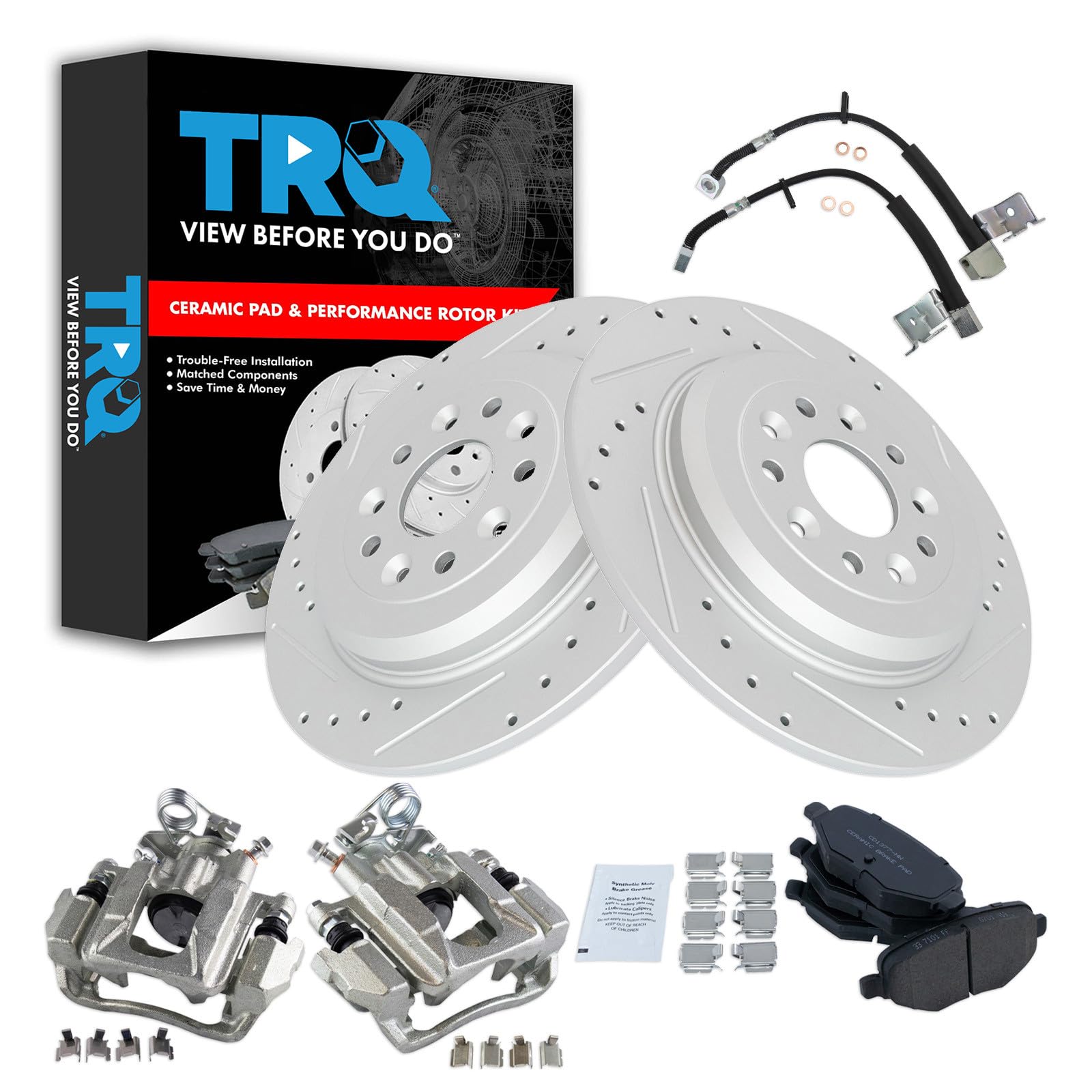 TRQ Performance Rear Brake Pad and Rotor Set Ceramic Drilled Slotted Rotors Calipers Compatible with 2011 Ford Explorer