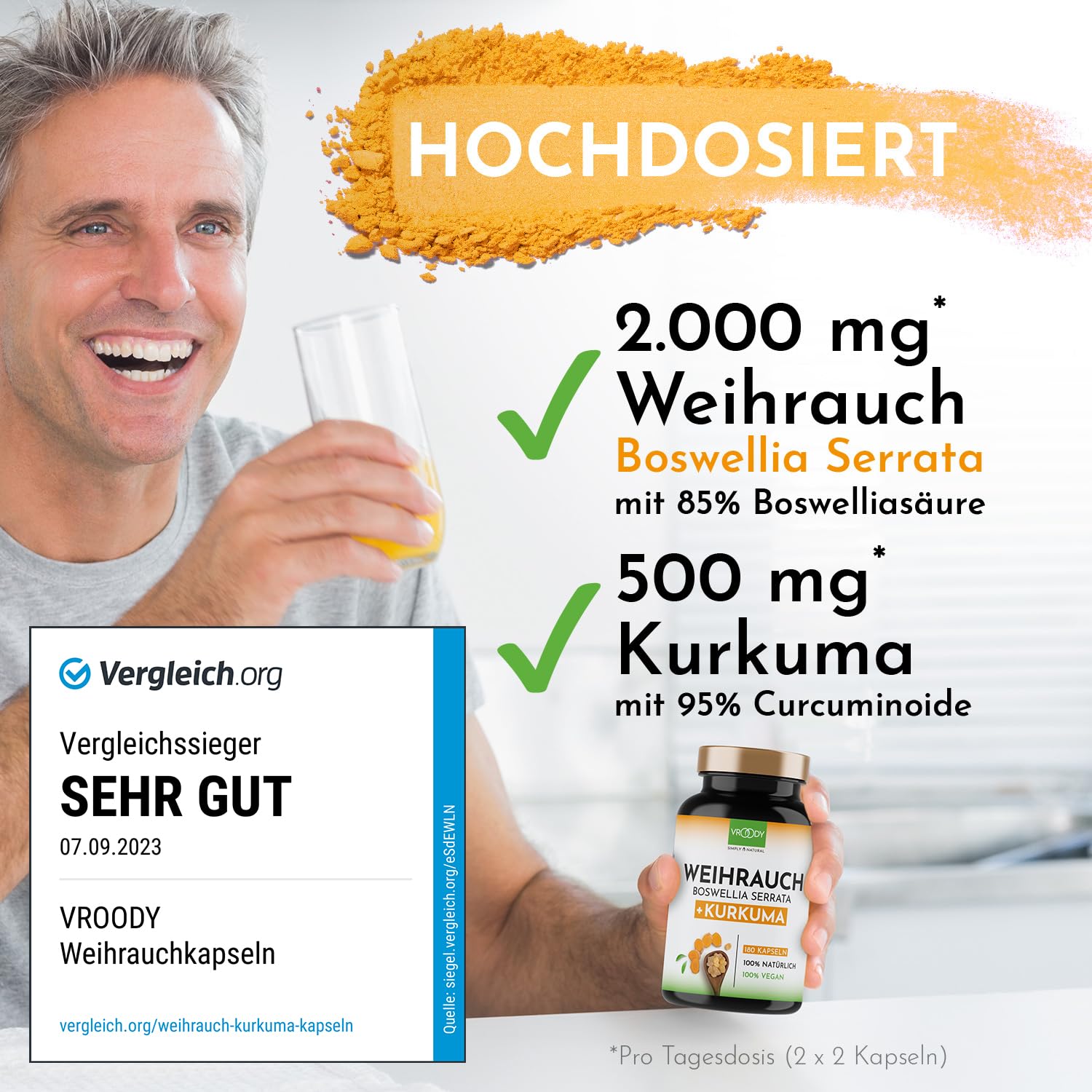 Weihrauch Kurkuma Vergleichssieger, 180 Kapseln hochdosiert Boswellia Serrata 2000mg, 85% Boswelliasäure, 500mg CURCUMA, 95% Curcuminoide Tagesdosis, ohne Zusätze oder chemische Entzündungshemmer
