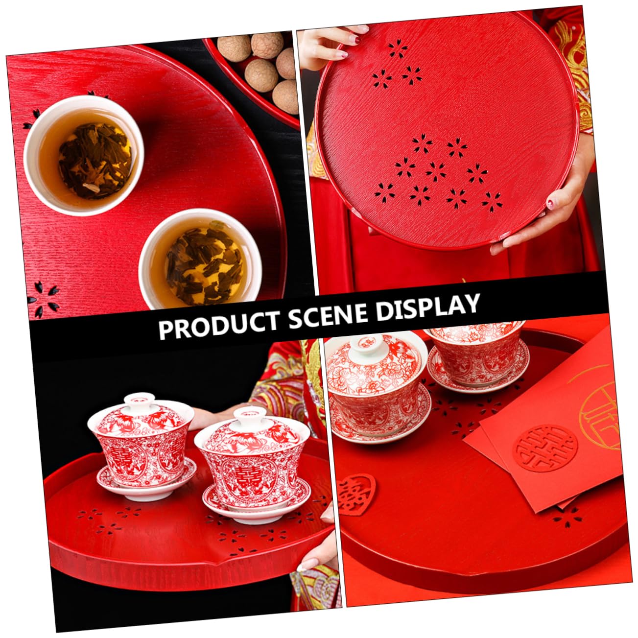 Bandeja Decorativa Redonda de Madera Roja para Juego de Té de Boda