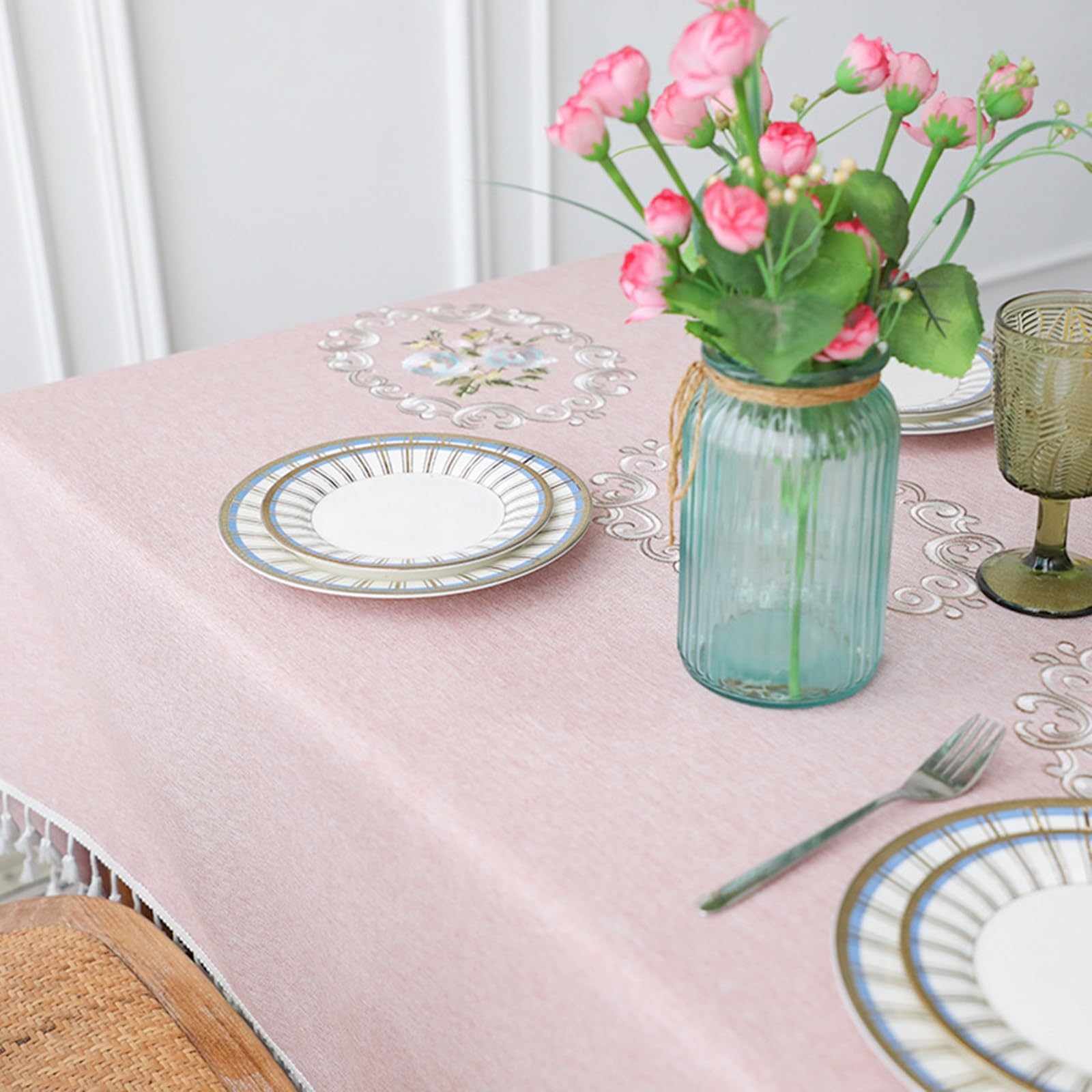 KnSam Mantel de 140 x 260 cm, diseño retro de flores con borla, mantel de poliéster, mantel de jardín, decoración de mesa para salón, comedor, balcón, jardín, rosa