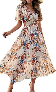 AILLOSA Women's Casual Loose Short Sleeve V Neck Floral Print Dress