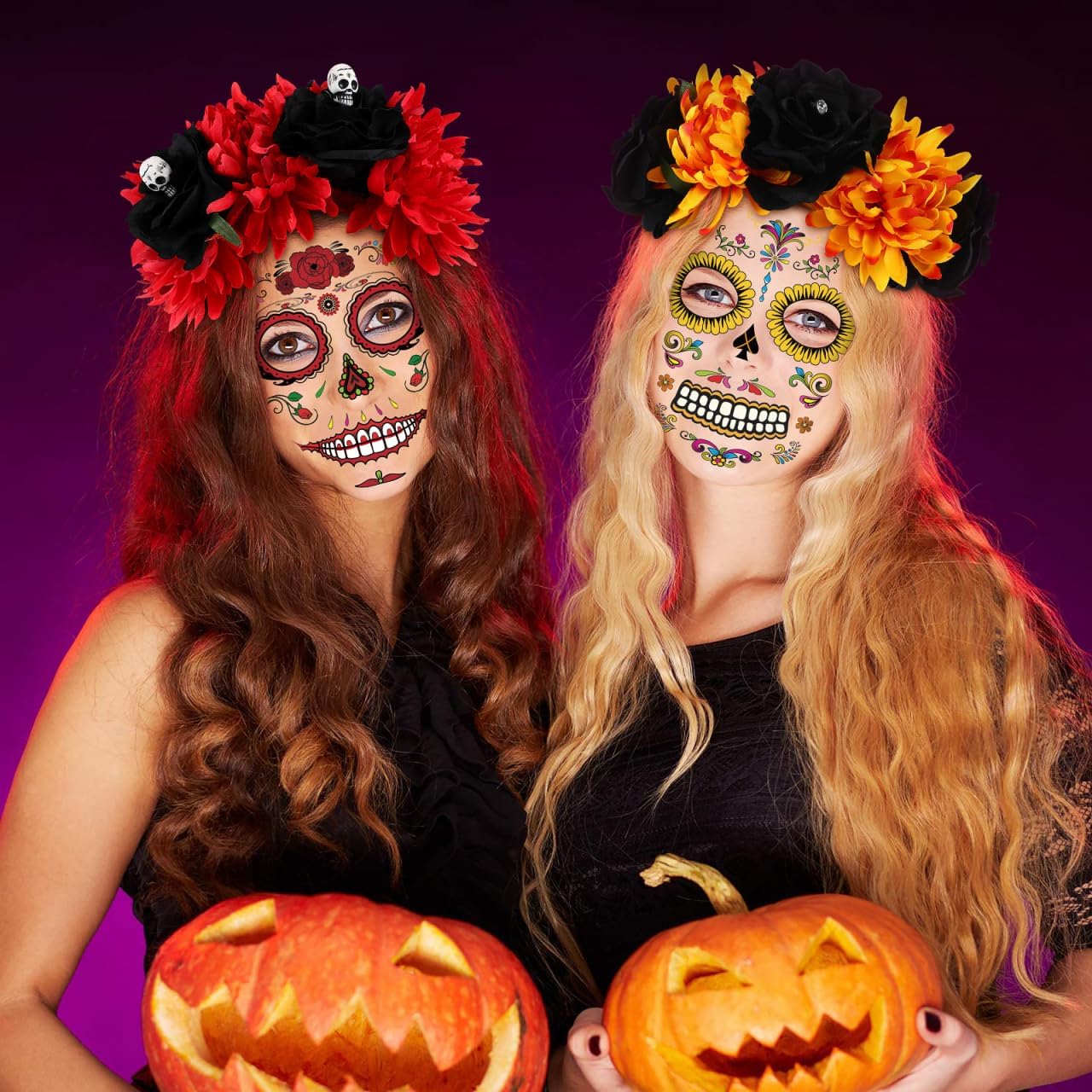 FRCOLOR Halloween Day of The Dead Headpiece Costume Women's Dia de los Muertos 2Pcs Mexican Flower Crown Headband with 2 Sheets Skull Temporary Face Tattoo