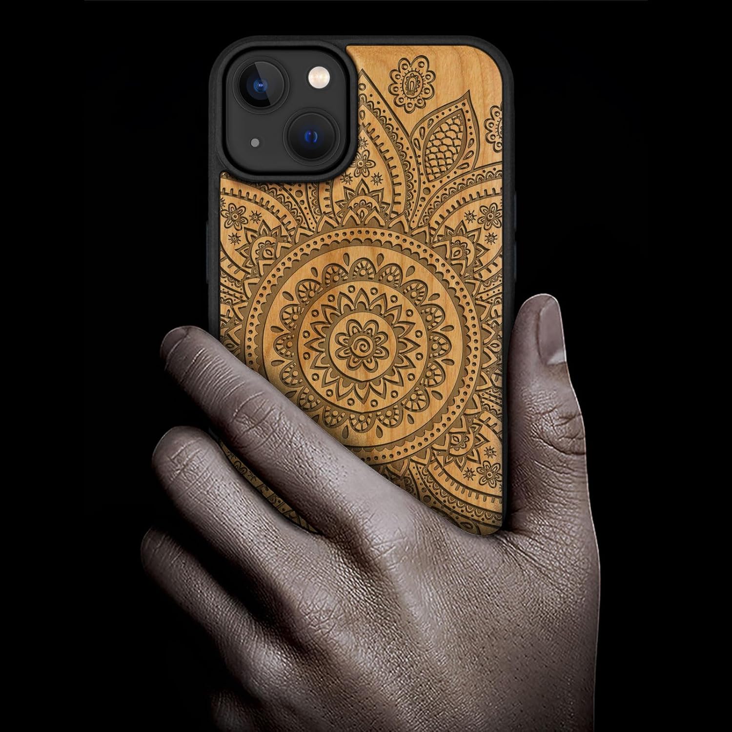Carveit Magnetic Wooden Case for iPhone 15 Plus Case, Compatible with MagSafe Wireless Chargers, Black Soft TPU Shockproof Cover & Wood Artisan Engraved (Indian Floral Mandala) - Cherry