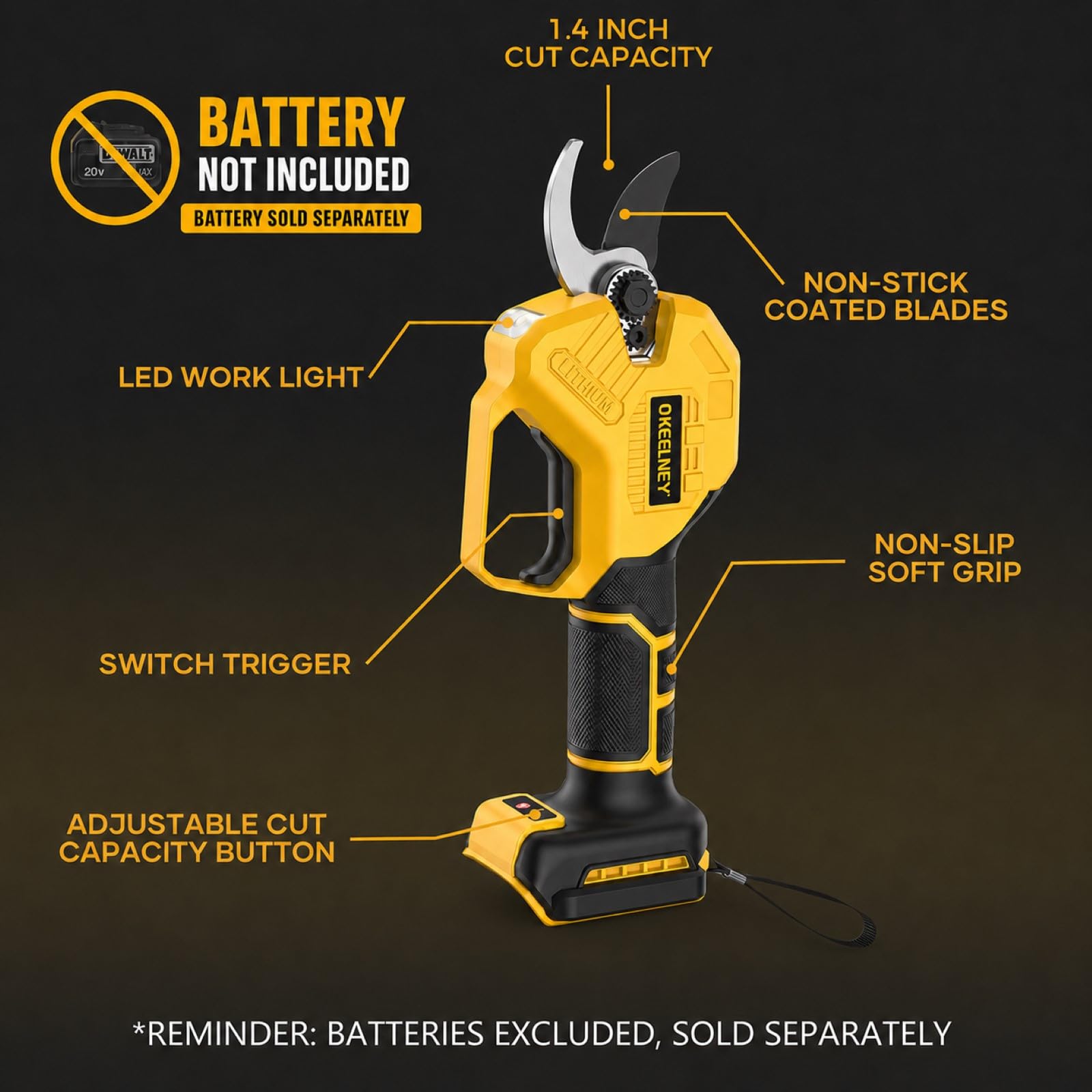 Elektryczne nożyce ogrodowe do akumulatora DeWalt 20 V Max, akumulatorowe nożyce ogrodowe DeWalt z bezszczotkowym silnikiem i pojemnością cięcia 3,8 cm do gałęzi, krzewów, łodyg (tylko narzędzia)