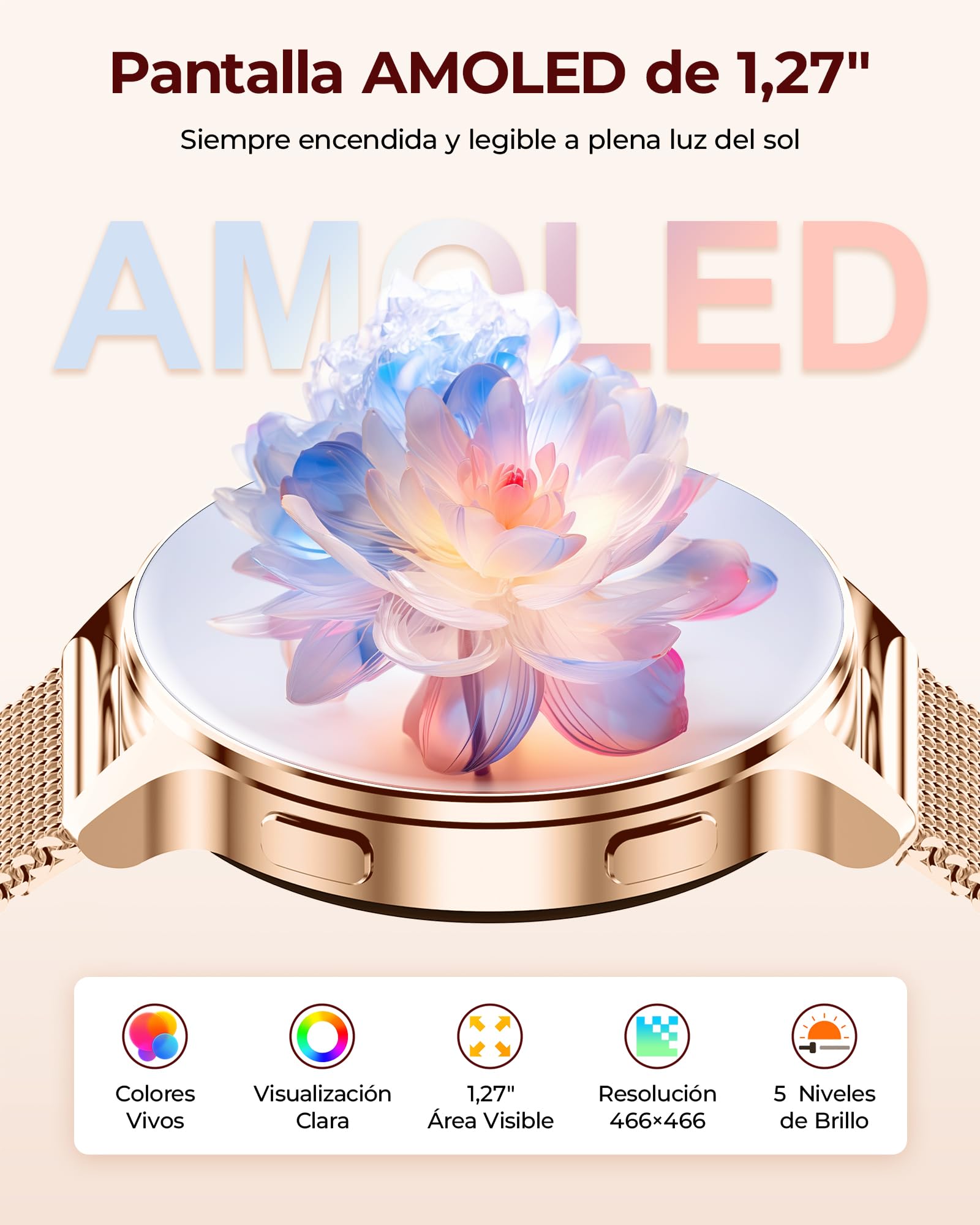 Iaret Reloj Inteligente Mujer con 3 Correas, 1,27" Pantalla AMOLED, Smartwatch Redondo con Llamadas Bluetooth, 120+ Modos Deportivos, SpO2/Pulsómetro/Sueño, para Android iOS, Regalo, Oro Rosa
