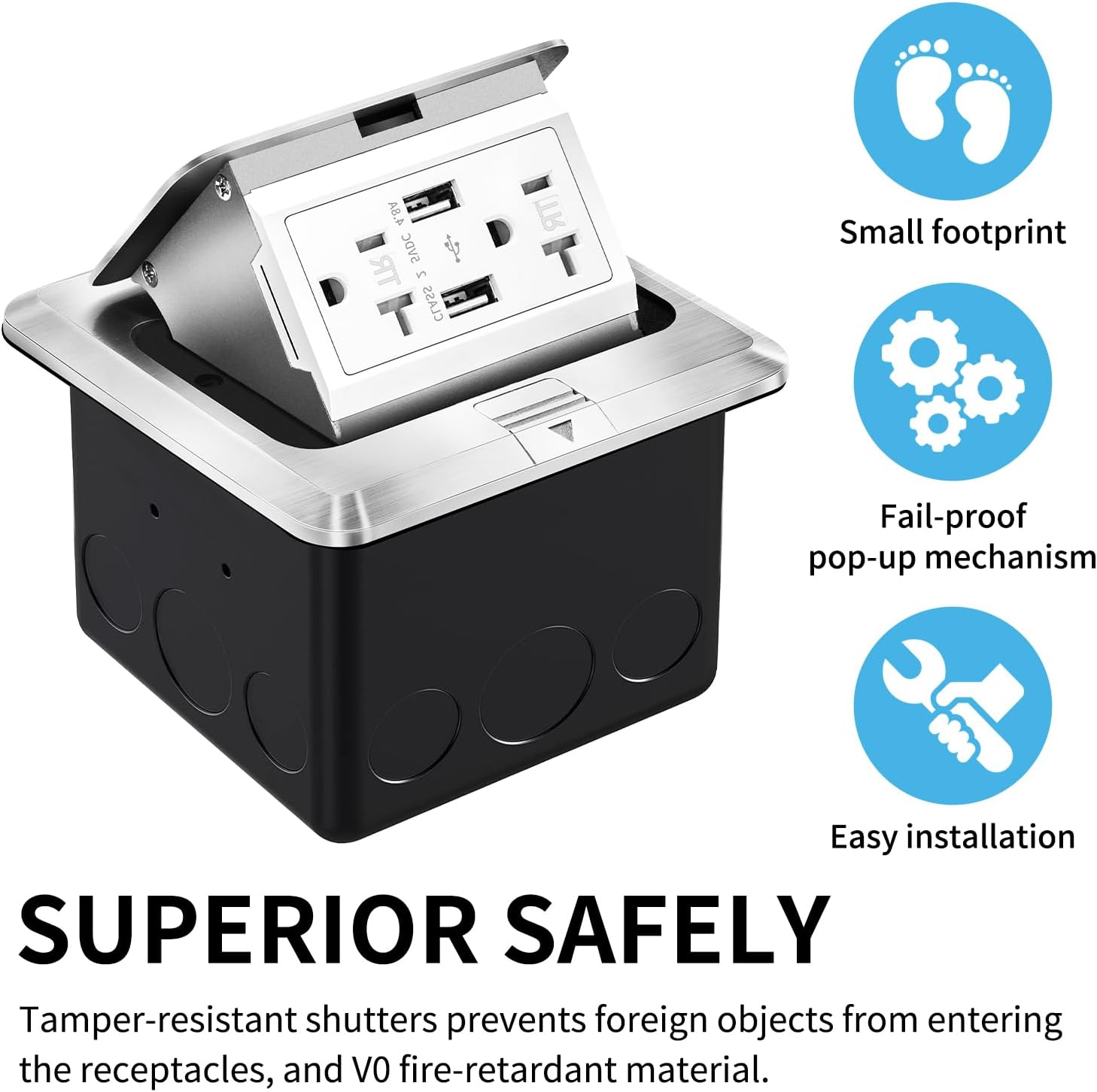 Vagueior Pop-Up Floor Box Kit, Waterproof Electrical Outlet Cover Box, Hidden 4.8A USB & 20A Tamper-Resistant Receptacle Outlet with Slow Elastic Damping, UL Certified, Silver