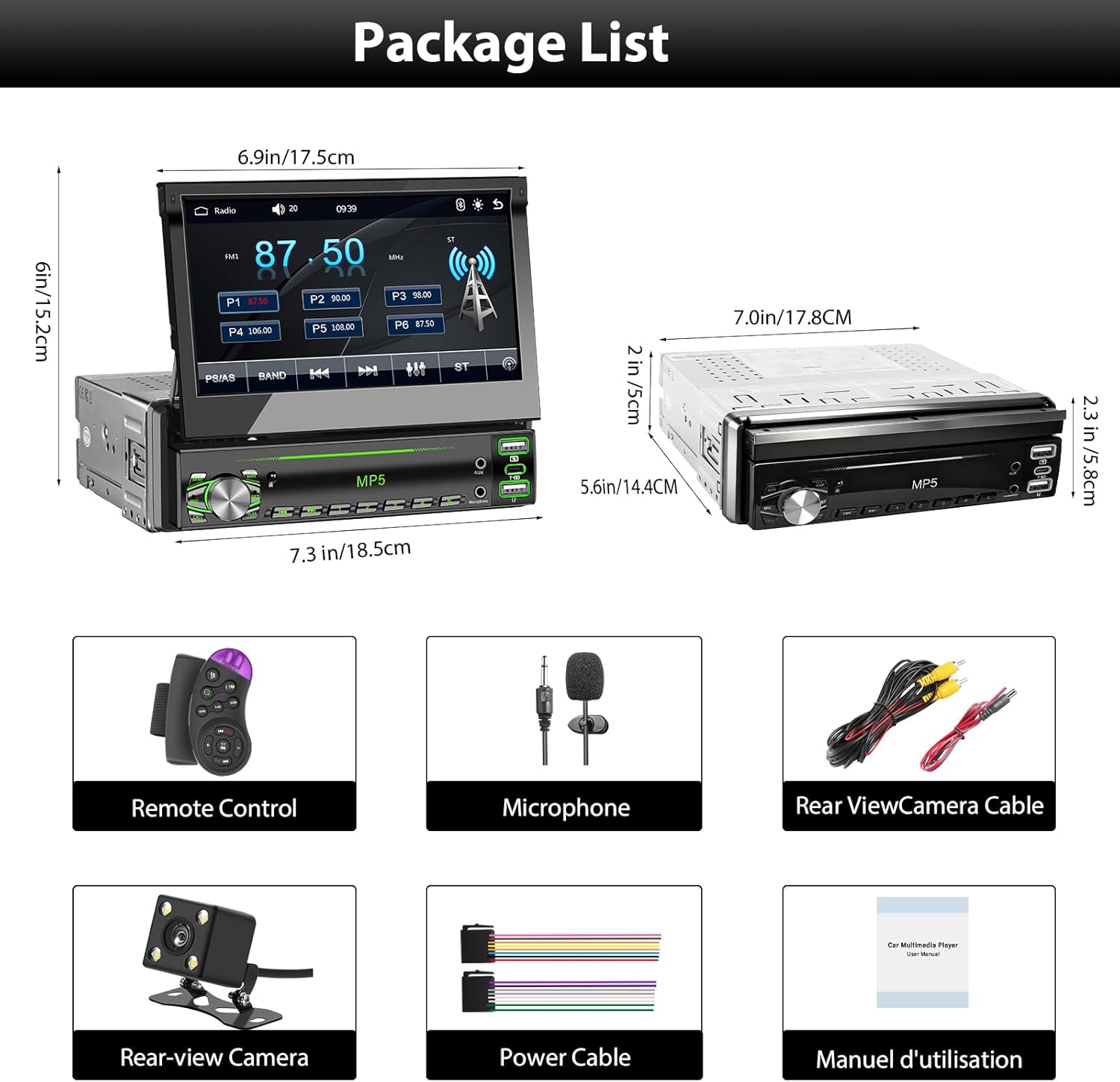 Single DIN Touchscreen Radio, Flip Up Screen Car Stereo with Bluetooth, Flip Out Single DIN Radio Supports MirrorLink, FM Radio, EQ, 1080P, USB, Aux-in HD Backup Camera & SWC for Car Audio Upgrade