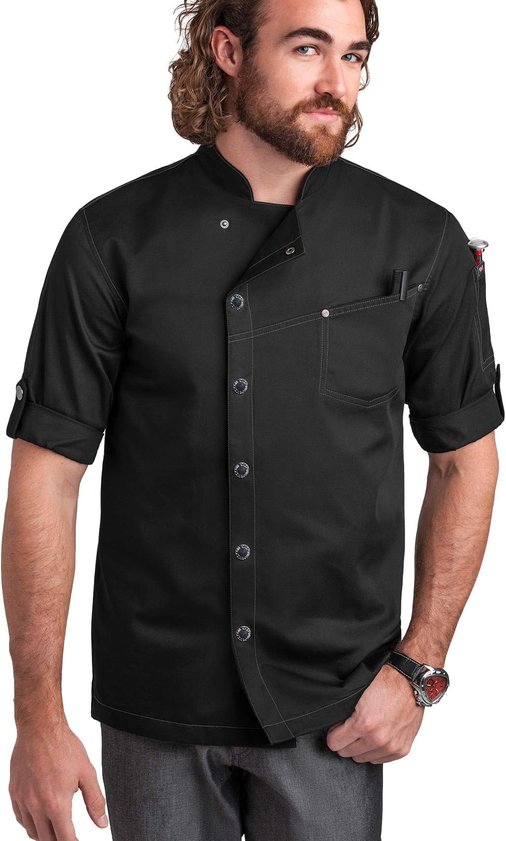 Men's Asymmetrical 3/4 Rolled Up Sleeves Chef Coat (S-3X, 2 Colors)