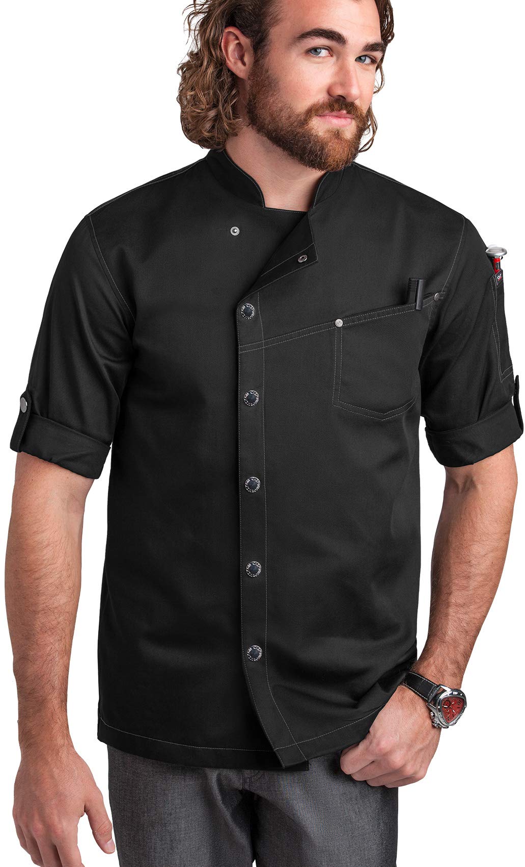 Men's Asymmetrical 3/4 Rolled Up Sleeves Chef Coat (S-3X, 2 Colors)