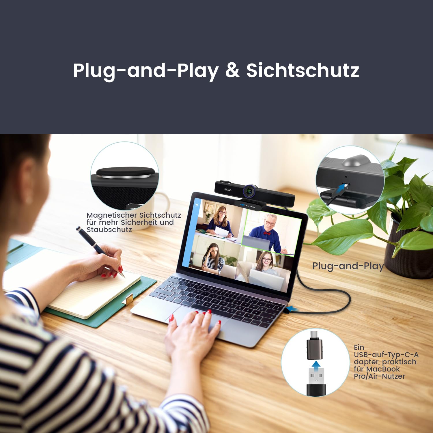 TONGVEO Webcam con zoom digitale 5x 4K con microfoni e altoparlanti, fotocamera ePTZ con telecomando e due microfoni, AI Auto Framing Webcam per conferenze Zoom, Skype, OBS, YouTube