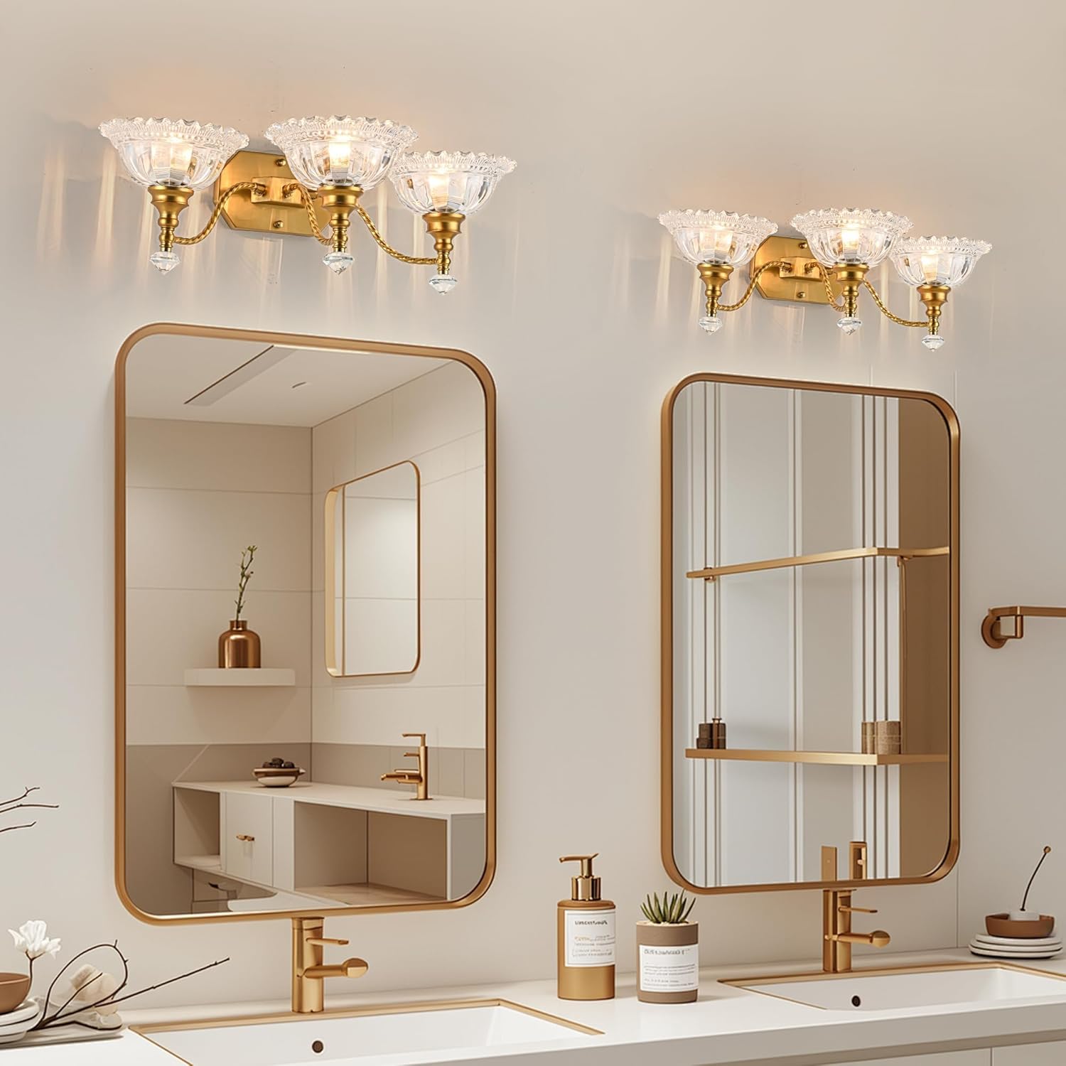 Vintage Bathroom Vanity Light Fixtures, 3-Light Brass Light Fixtures Over Mirror with Crystal Glass Flower Shade, Mid Century Farmhouse Wall Mount Lighting for Living Room, Kitchen