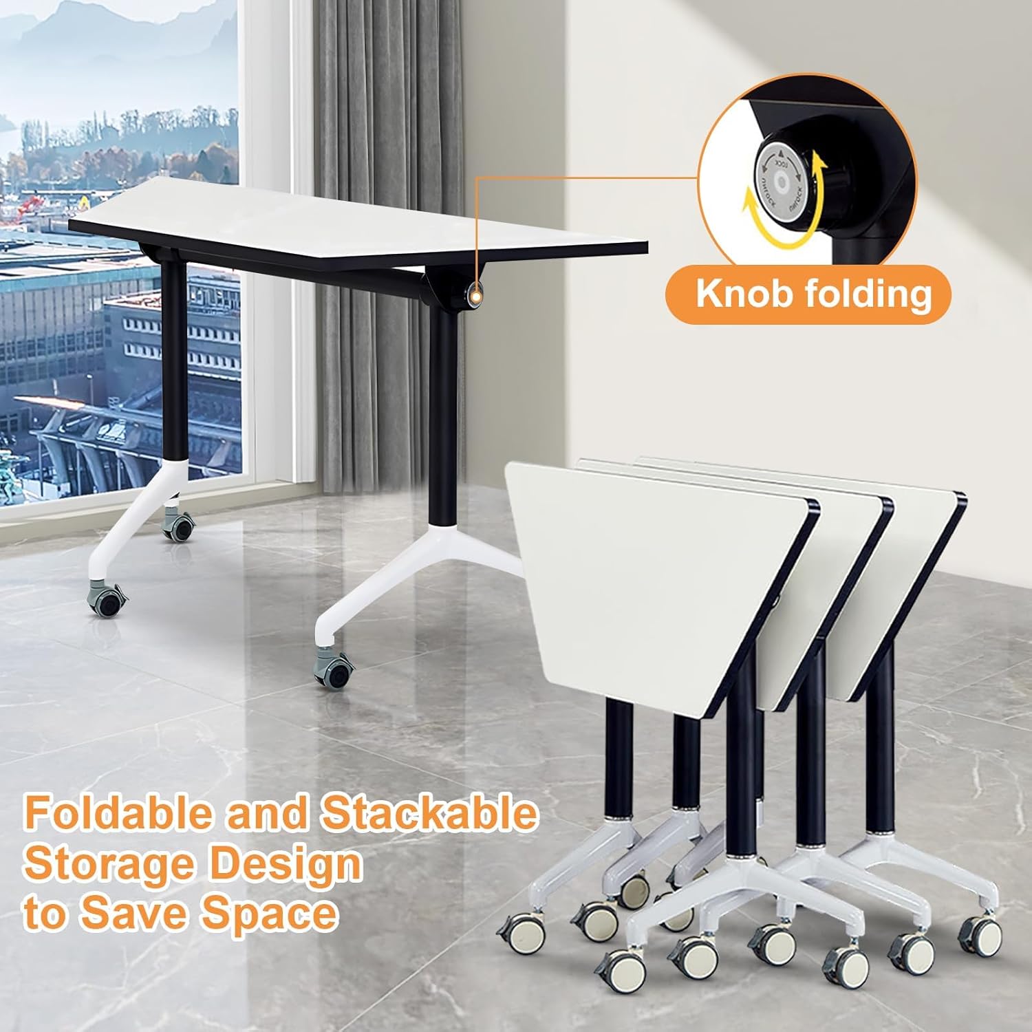 Conference Room Table Foldable Flip Top Mobile Training Table,combinable trapezoidal Conference Table Computer Desk,Metal Frame,with Modesty and Lockable Wheels Seminar Training Tables (6PCS)