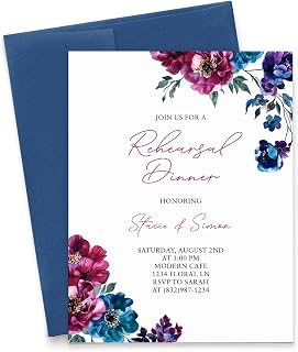 Jewel Tone Wedding Rehearsal Dinner Invitation With Envelopes, Floral Rehearsal Dinner Invitations With Flowers, Elegant Rehearsal Dinner Invite For Wedding, Your Choice of Quantity and Envelope Color