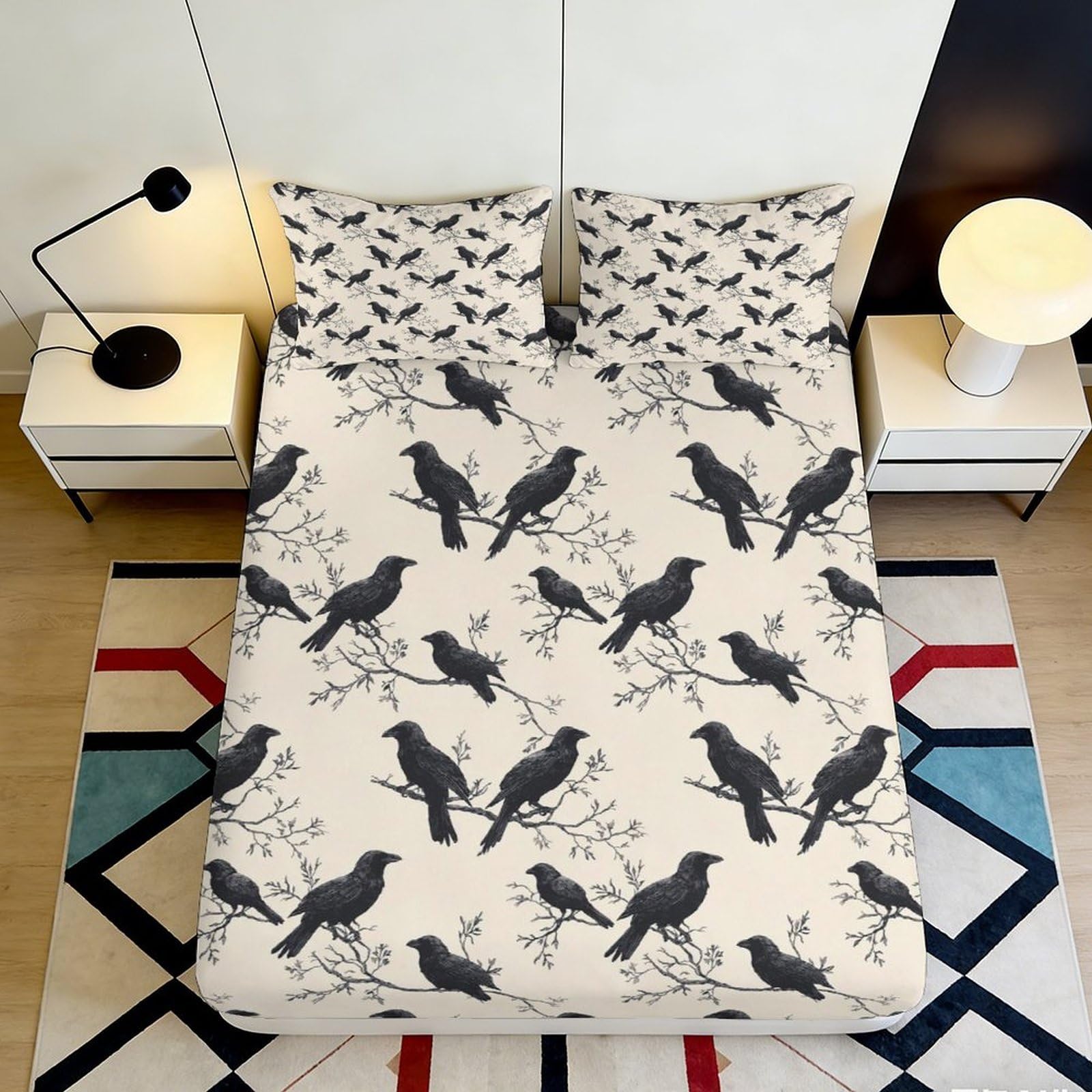 3D Printed Black Raven Branch Fitted Sheet Microfiber Non-Slip Crow Mattress Cover for Bedroom Guest Room Decor 140x200x25cm