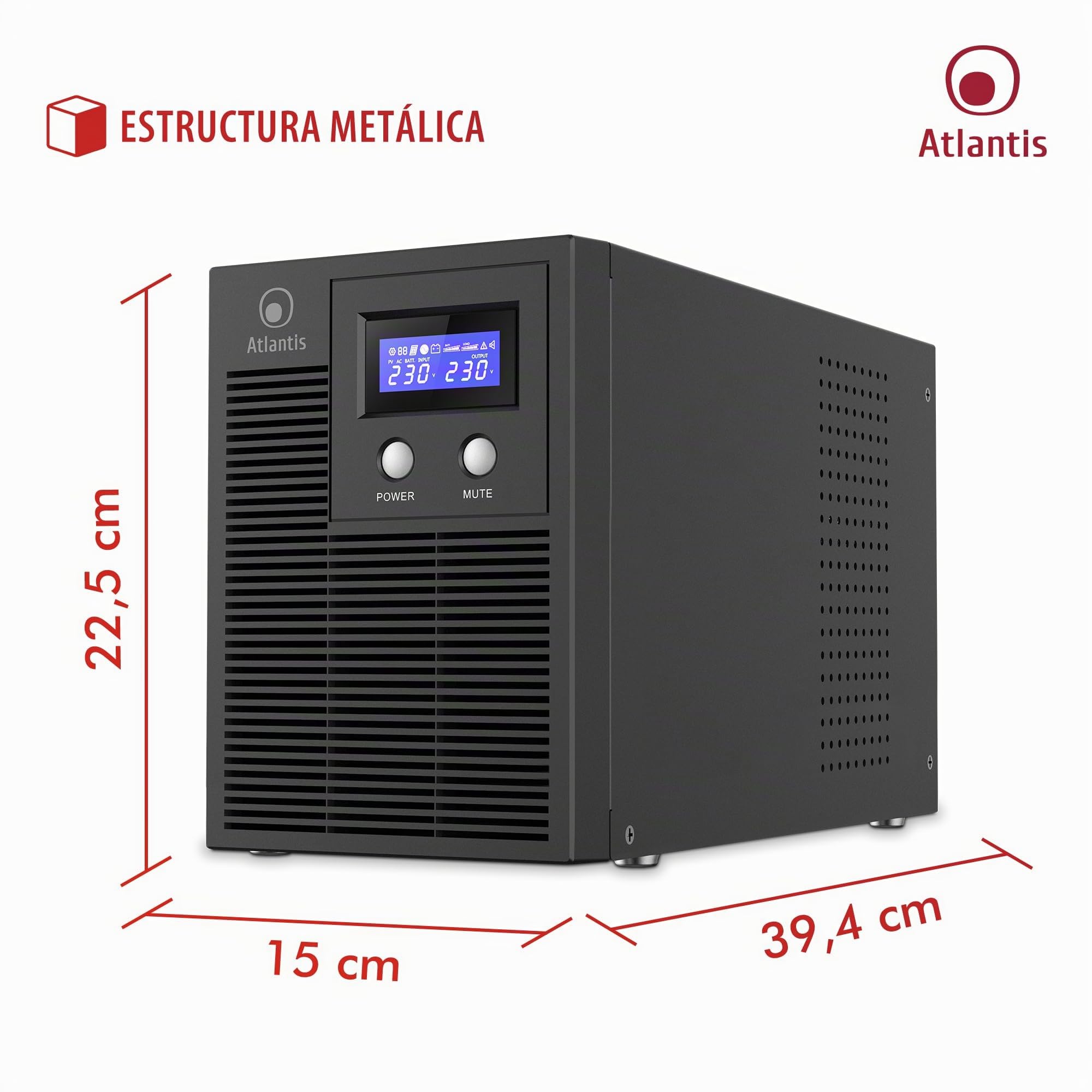 Atlantis A03-HP4003P Sistema de alimentación ininterrumpida Onda sinusoidal Pura 3000VA 2100W Line Interactive, Pantalla LCD, USB-HID, 6 Salidas IEC, 4 baterías 12V 7Ah, RS232, Ranura SNMP, Software