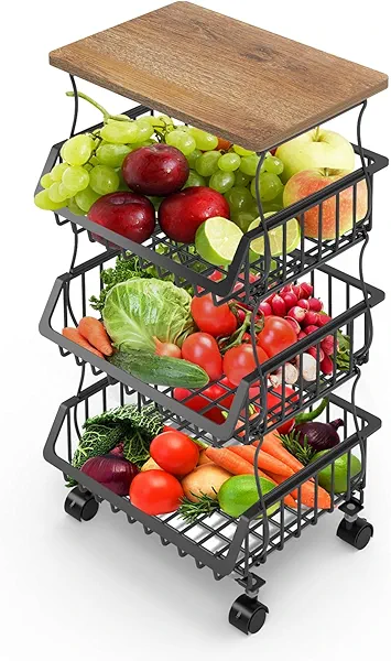 Newzealkids Fruit Basket for Kitchen 4 Tier Stackable Fruit Vegetable Storage Baskets with Wheels Metal Wire Storage Basket Organizer Cart for Kitchen Livingroom Diningroom Office, Black