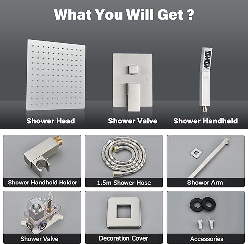 Miniatura 7 de Votamuta Juego de grifo de ducha, grifo de ducha de níquel cepillado con cabezal de ducha de lluvia de 10 pulgadas y de mano, juego completo de