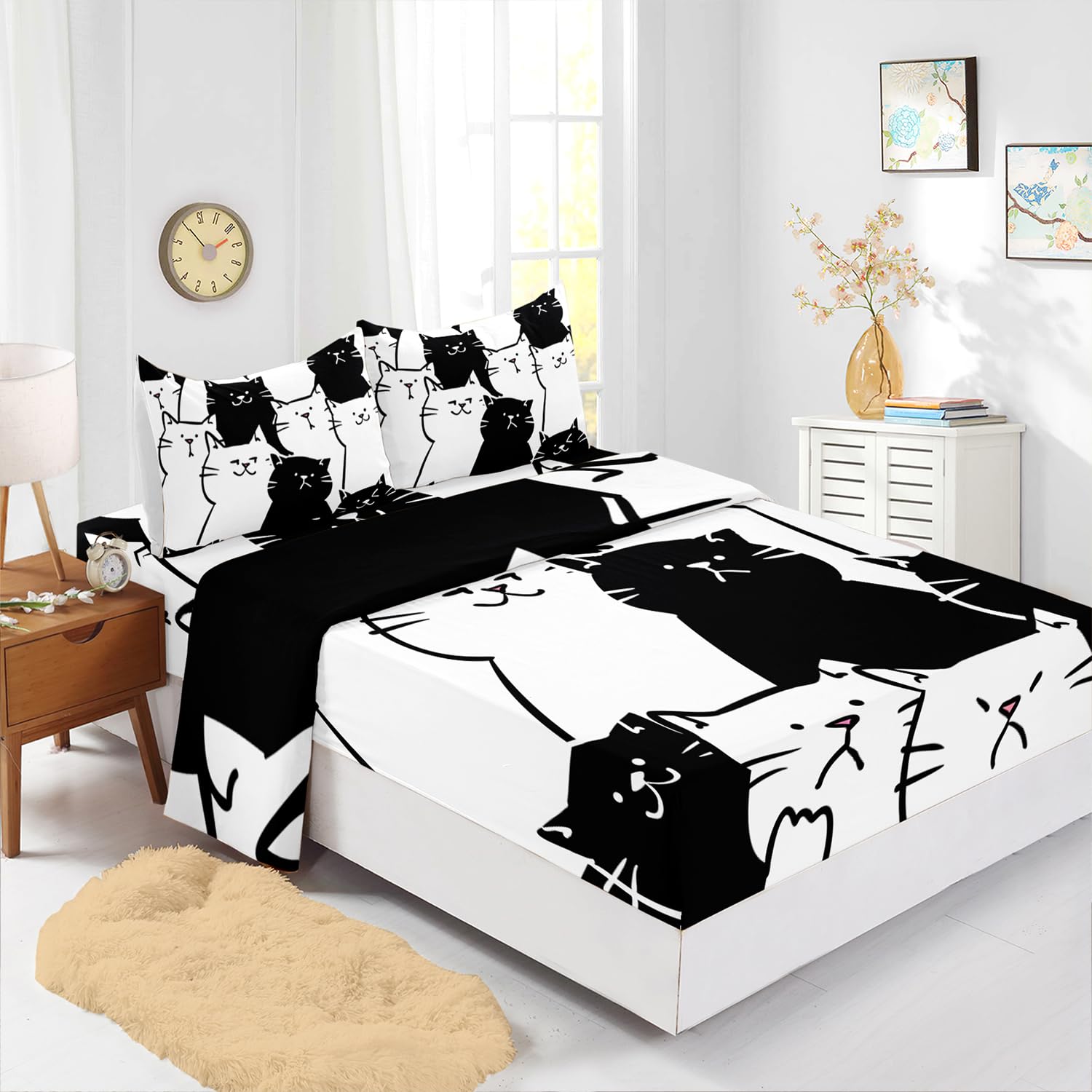 XYNHML Kids Cartoon Cat Sheet 4Pcs Full Black and White Kitten Sheet Cute Pet Cat Bedding Set for Teen Kid Boy Girl Adult Kawaii Line Cat Bedspread with 1 Flat Sheet and 1 Fitted Sheet+2 Pillowcases