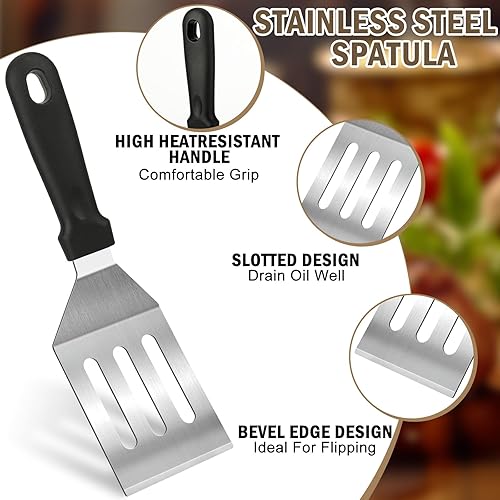 Miniatura 3 de Paquete de 4 espátulas de acero inoxidable para sartén de hierro fundido, mango resistente al calor, juego de espátulas y espátulas para plancha,
