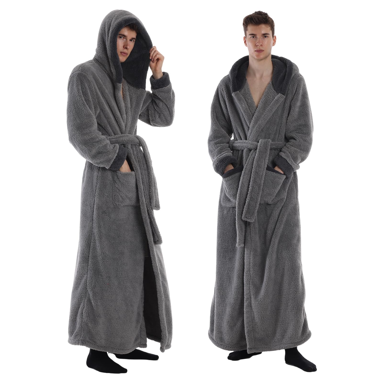 Gegeryozis Peignoir de Bain Homme Femme en Flanelle Polaire - Long et Chaud avec Capuche, Taille Unique pour Sortie de Bain, Spa, Maison - 2 Poches, Ceinture Ajustable