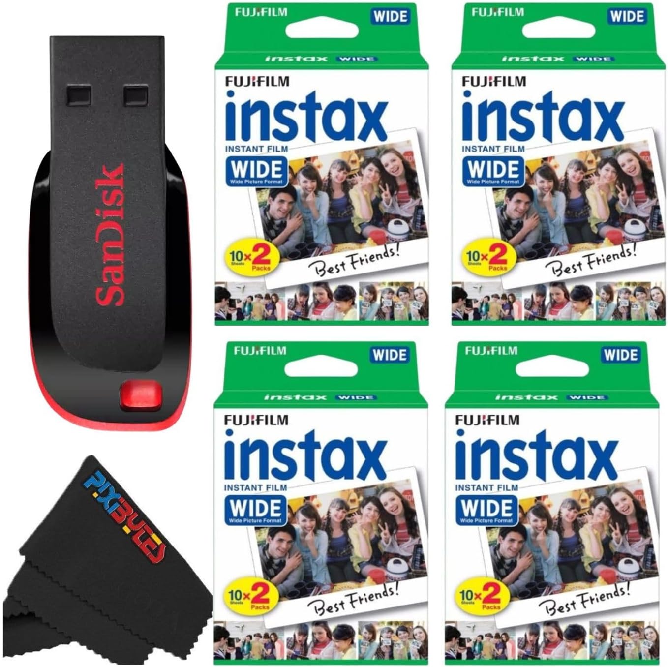 Fujifilm Instax Wide Instant Film Twin Pack with USB and PixiBytes Microfiber Cleaning Cloth... (4 Wide Pack (80 Sheets))