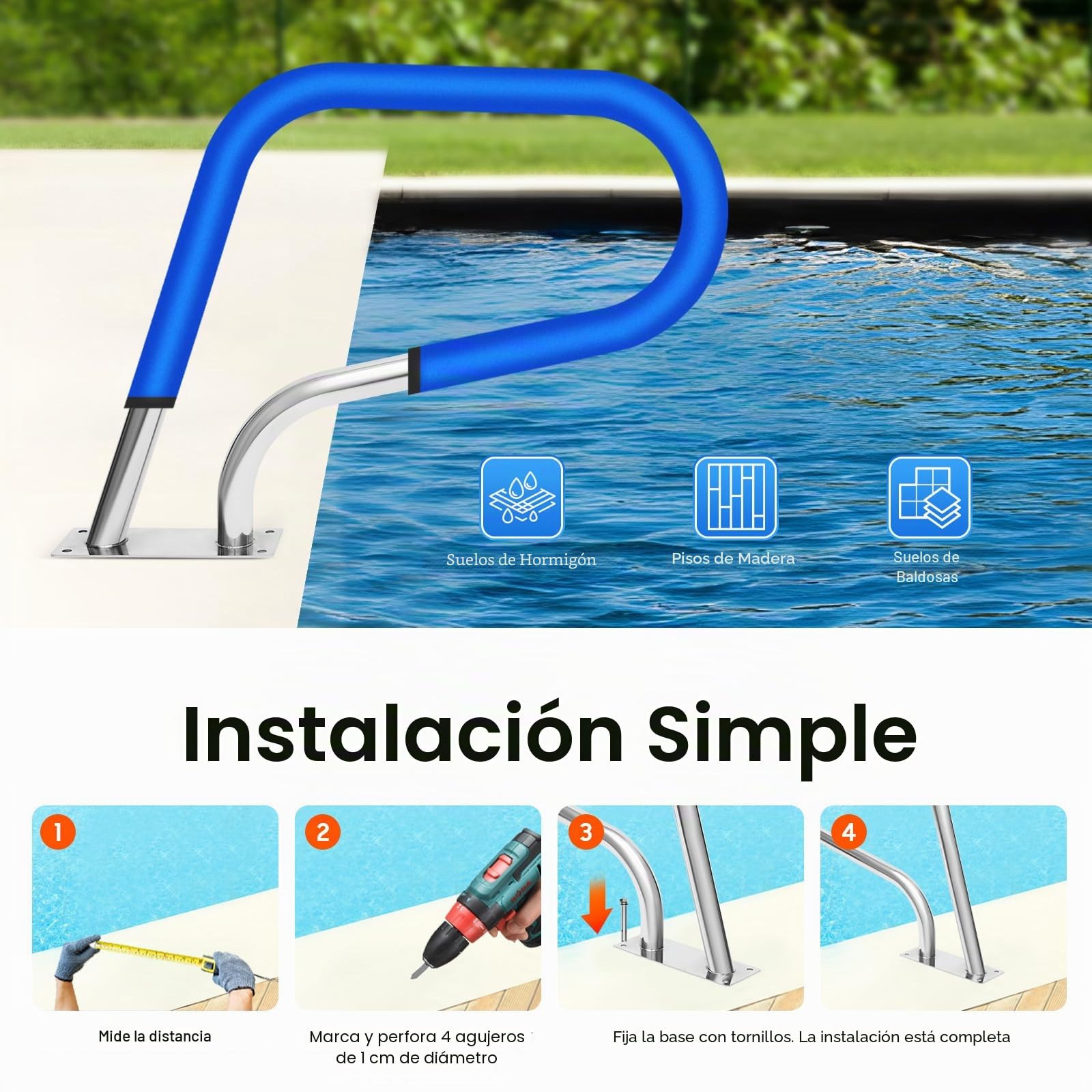 Barandilla Para Piscina, Pasamanos U De Acero Inoxidable, Pasamanos De Escalera De Piscina Portátil | Antideslizante Para Piscinas, Parques Acuáticos 81 x 58 cm