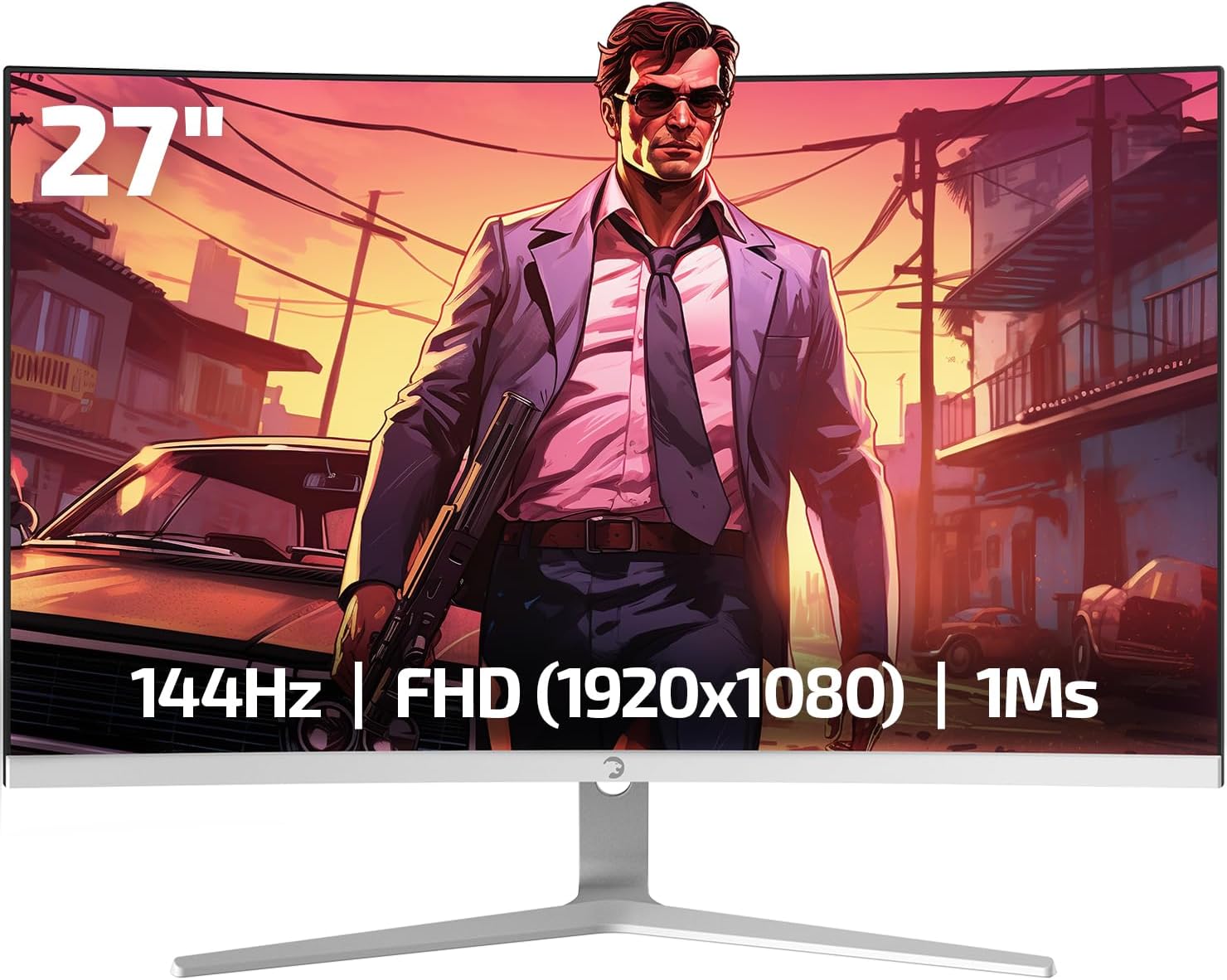 GAMEPOWER F20 27 Inch Curved White Gaming Monitor, 120Hz 1080p Display, 1ms Response Time, AMD FreeSync, HDR Support, 125% sRGB, RGB Backlight, Dual Speakers, Zero Frame Design, HDMI and VGA Inputs