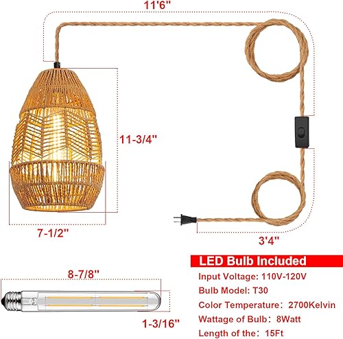 Miniatura 3 de Lámpara colgante de ratán para enchufar, con cable de enchufe, cable de cuerda de cáñamo de 15 pies, lámpara de interruptor de encendidoapagado para