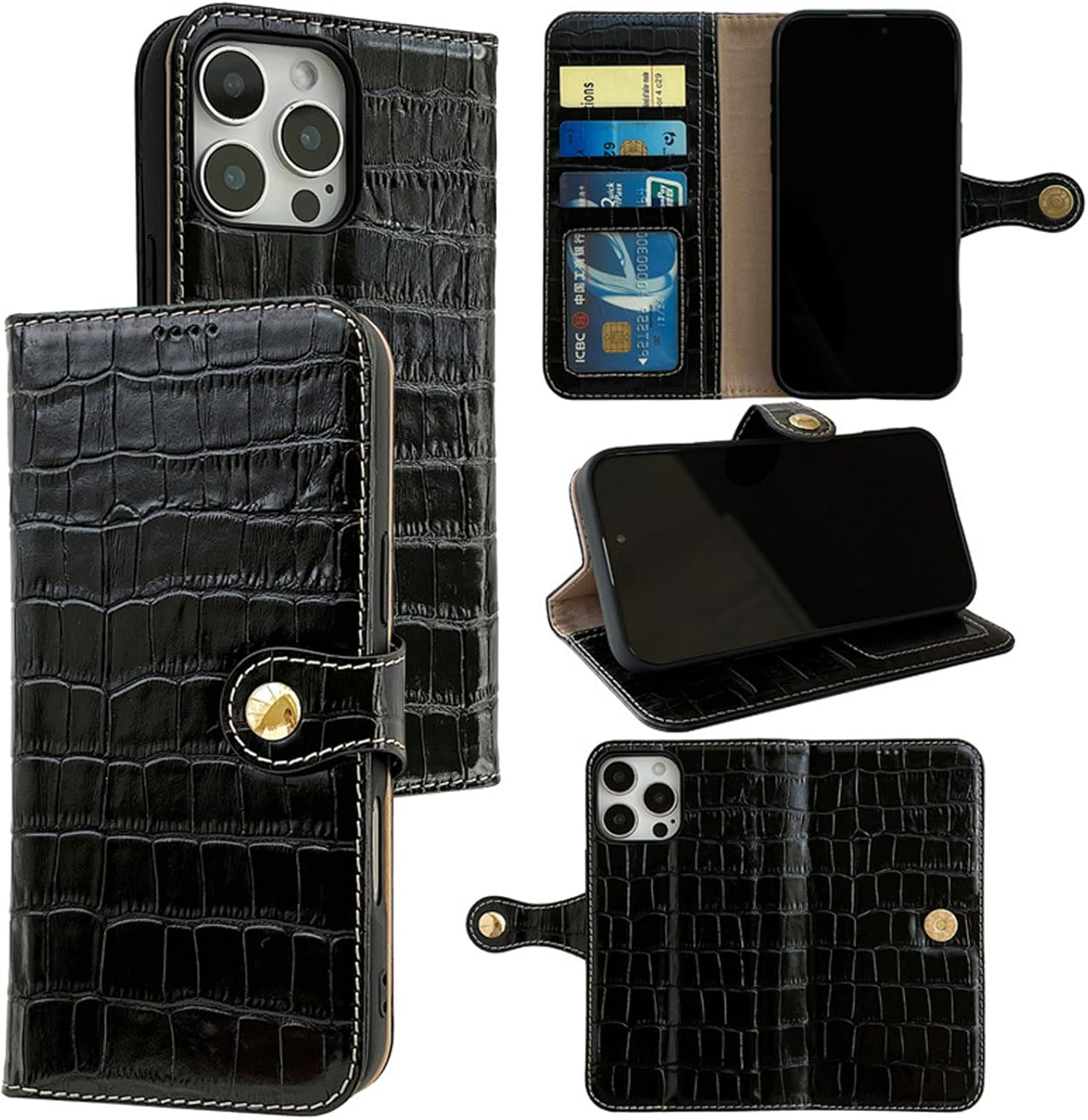 Wallet Case for iPhone 16 Pro Max/16 Pro/16 Plus/16, Genuine Leather Crocodile Texture Phone Cover Flip Folio Stand Function Holster Case,Black,16 Pro