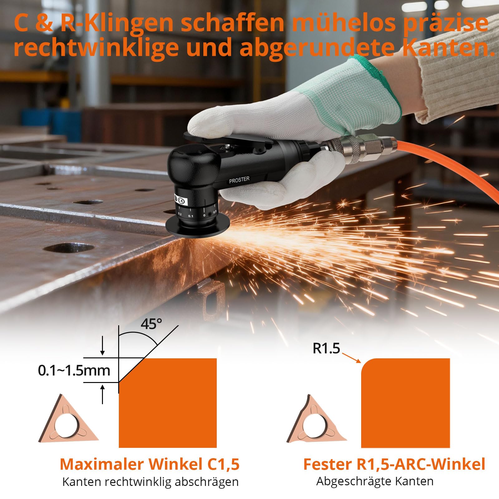 Proster Druckluft Anfasmaschine Pneumatisch Entgratwerkzeug – Präzise Fasen & Entgraten von Metall, 30000 U/min Industrie Werkzeug, Dual-Kopf Fasenwerkzeug (Schwarz)