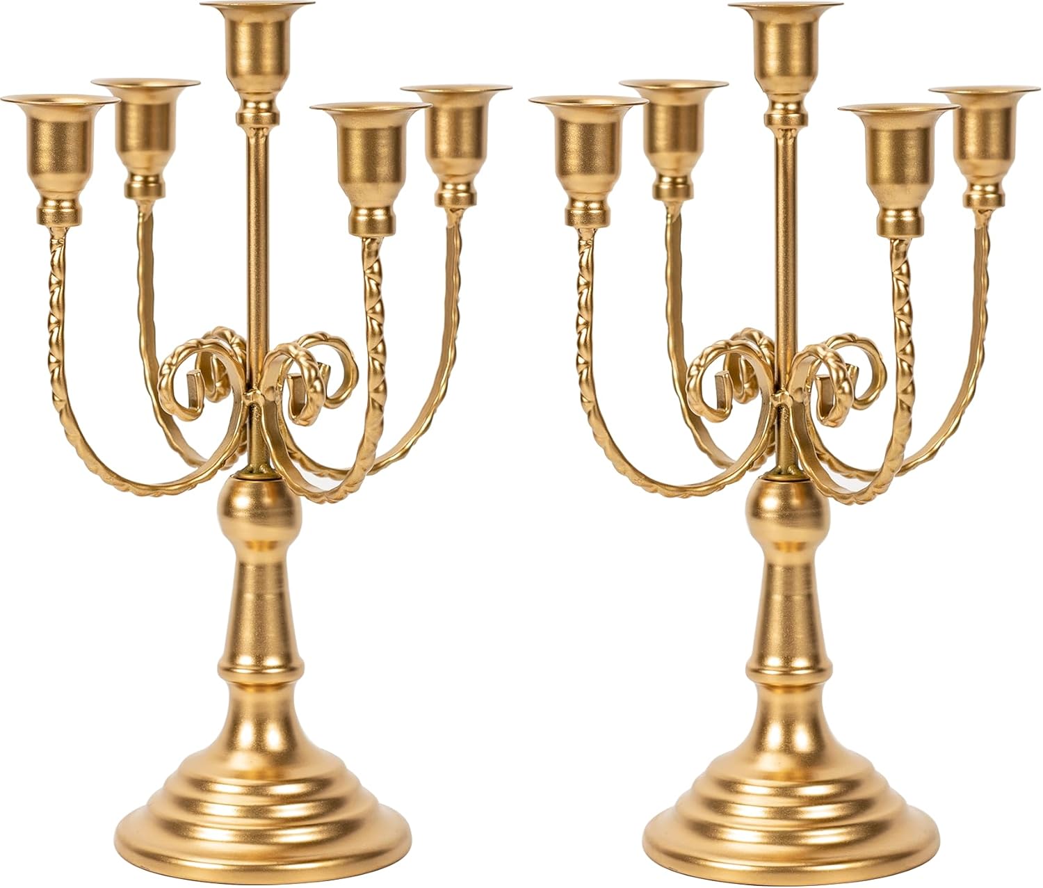 2Pcs Gold Candelabras Centerpieces for Tables, 11.8" Candlestick Holder for Taper Candles, 5 Arm Brass Candelabra Candle Holder for Wedding Centerpiece Decor Party Event Reception Decoration
