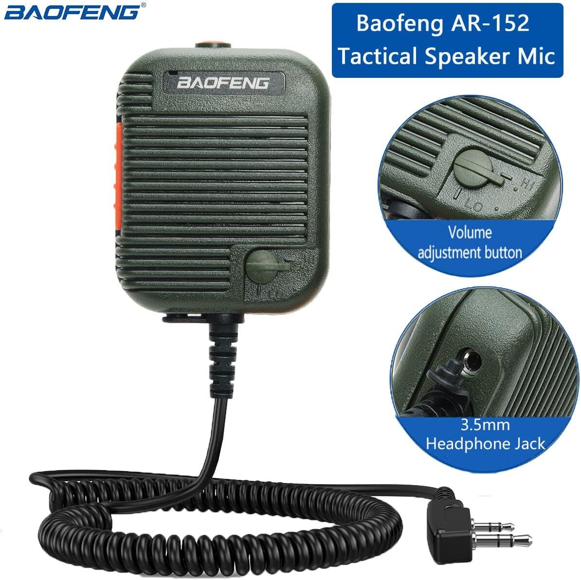 Close-up of BAOFENG AR-152 Speaker Microphone showing volume adjustment and 3.5mm headphone jack