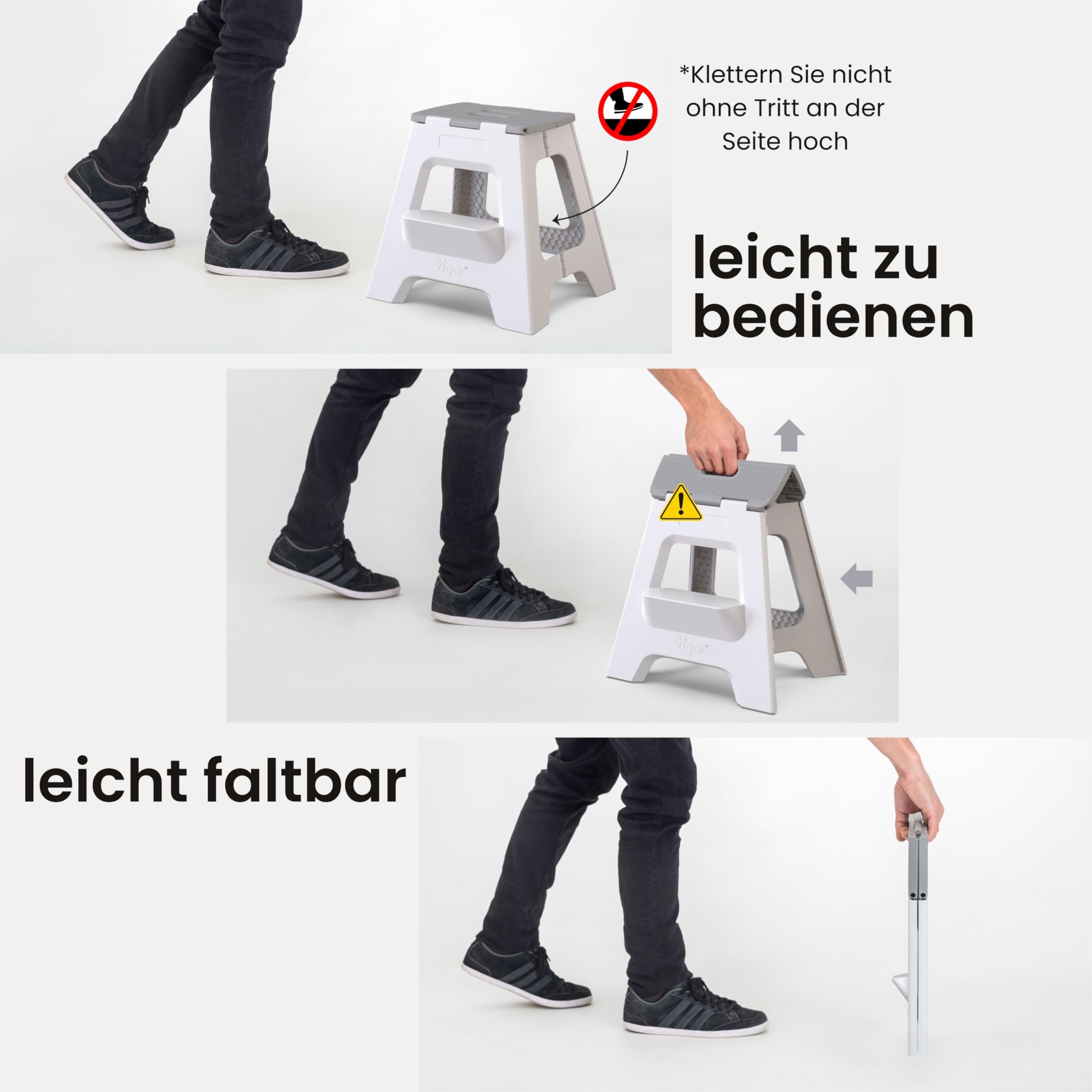 Vigar Kompakte Tritthocker Klappbar für Erwachsene, 40 cm, 2‑Schritt, Klapphocker Faltbar 150 kg rutschfest, Leicht, Hocker Klappbar für Zuhause, Bad, Schlafzimmer, Büro, Grau