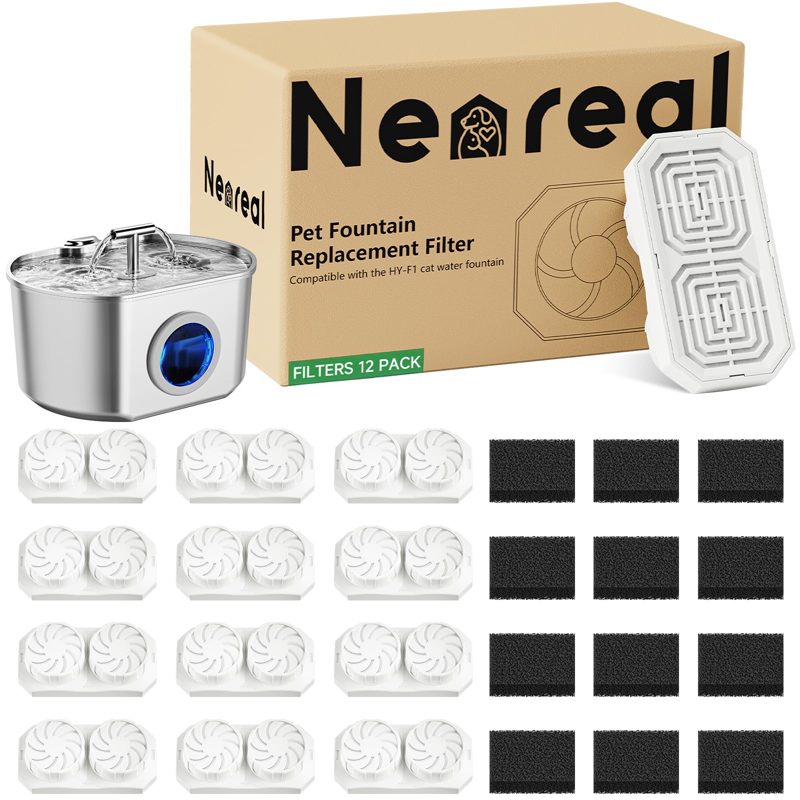 Neareal Official Cat Fountain Replacement Filters & Pre-Filter Sponges for 74oz/2.2L Stainless Steel Pet Water Fountain (12 Pack)
