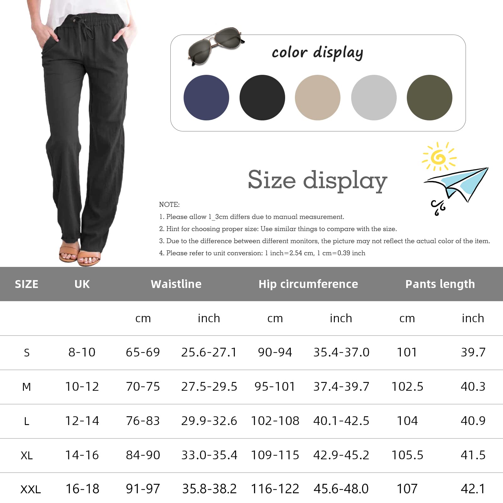 Yuson Girl Pantaloni Donna Tinta Unita Casual Pantaloni Elastico Pantaloni Leggeri Estivi Traight con Coulisse Pants Pantaloni in Cotone e Lino con Tasche