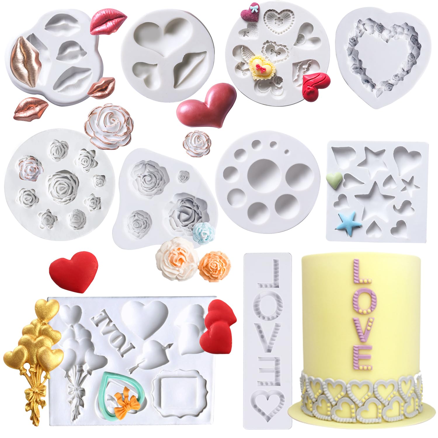Juego de 10 moldes de silicona para fondant para el día de San Valentín, con forma de corazón, para labios, letras de amor, moldes de chocolate rosa para hornear, cupcakes, dulces, jabón