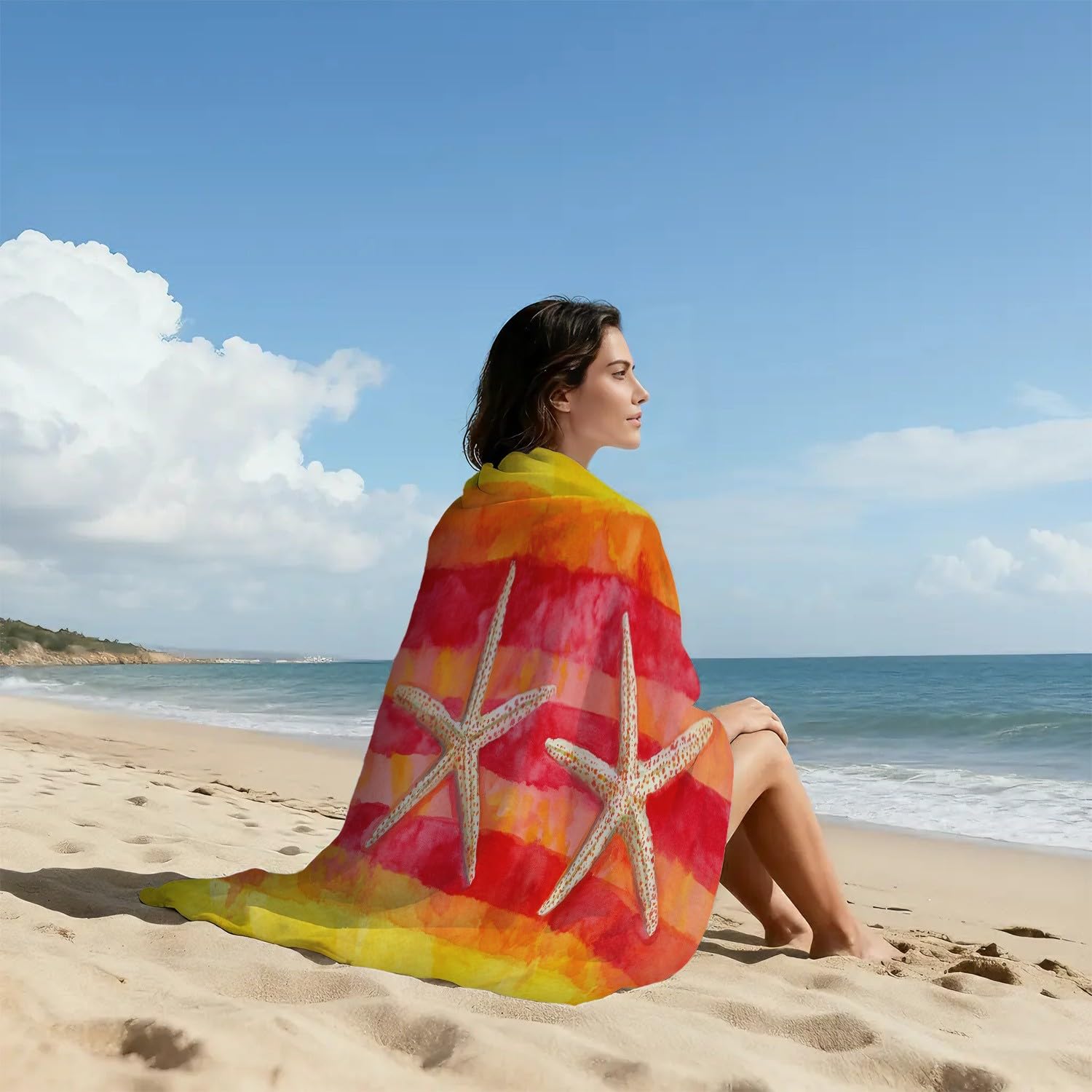 Générique Serviette de Plage Microfibre 200 x 100 CM,Drap de Plage Américain, rétro, rayé, Couverture de Plage Absorbante,Couverture de Bain Étoiles de mer, Animaux